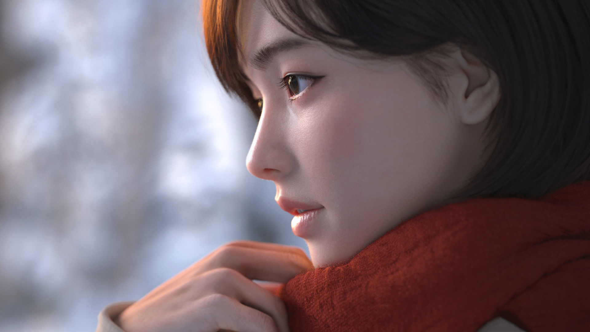 清纯,短发,围巾,3D,女孩