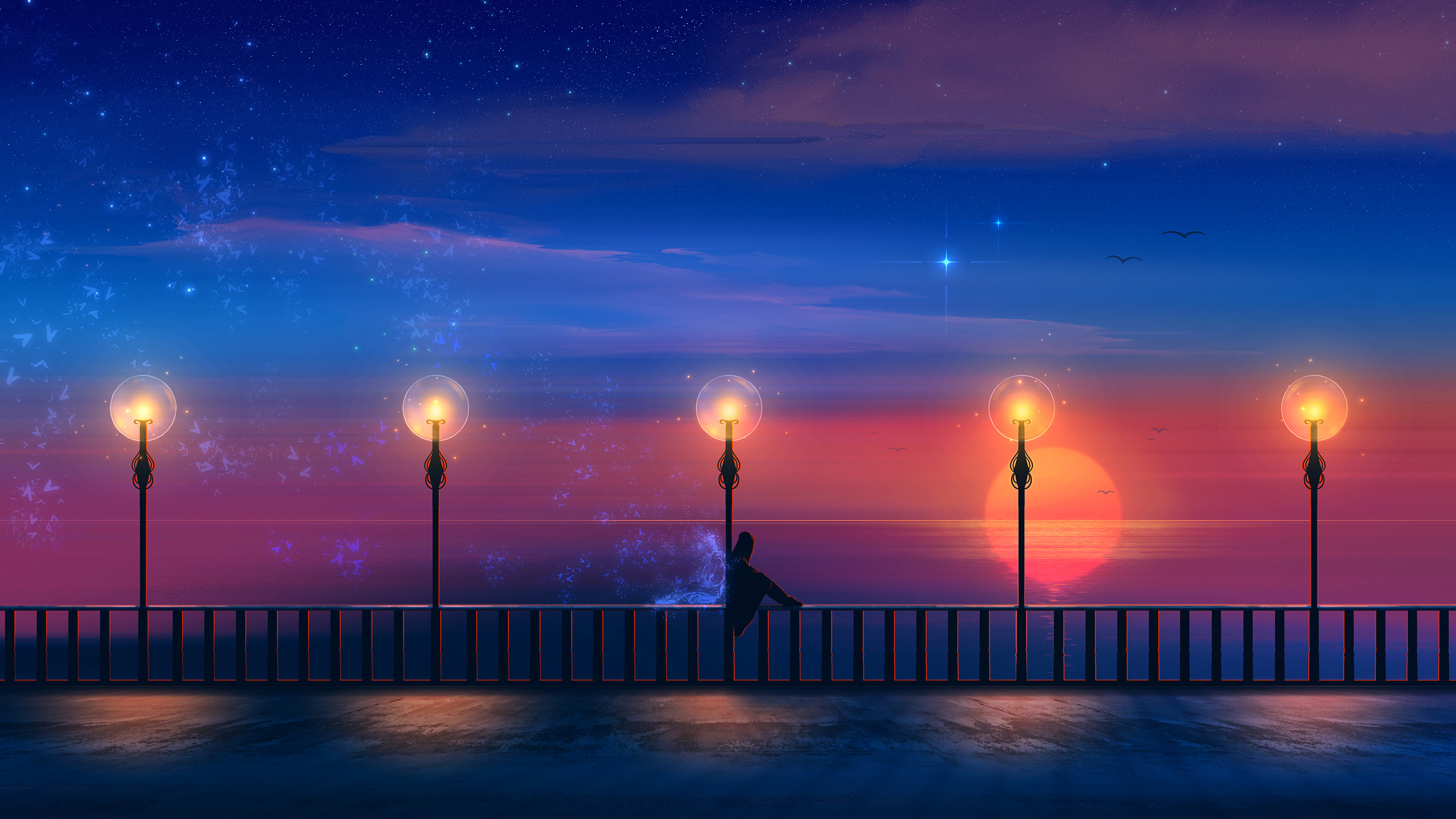 路灯,海岸,灯光,星光