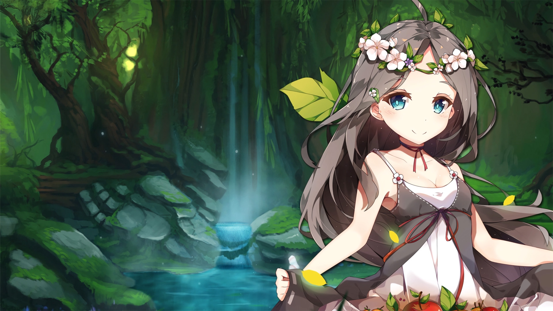树林,瀑布,花环,大眼睛,可爱