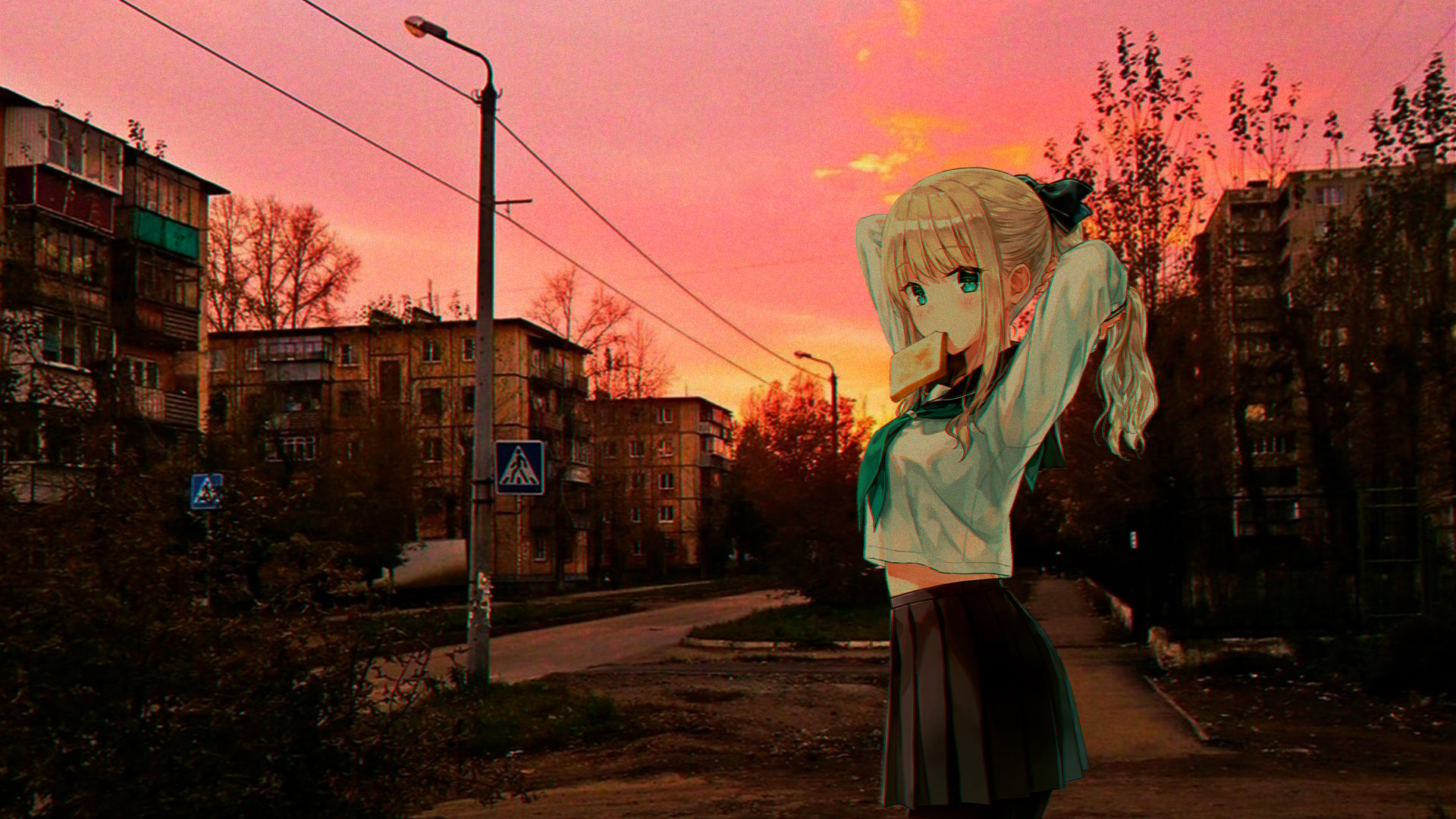 落日,晚霞,马鞭,学妹,街道,电线杆