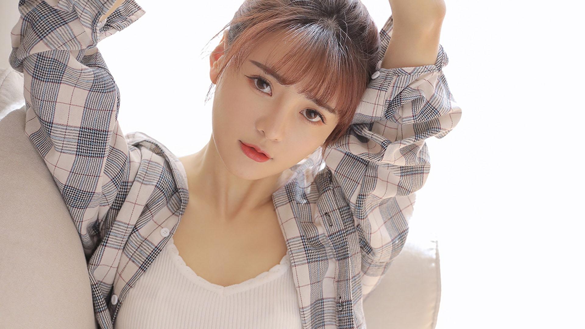 清纯,刘海,格子衬衣,女孩,大眼睛
