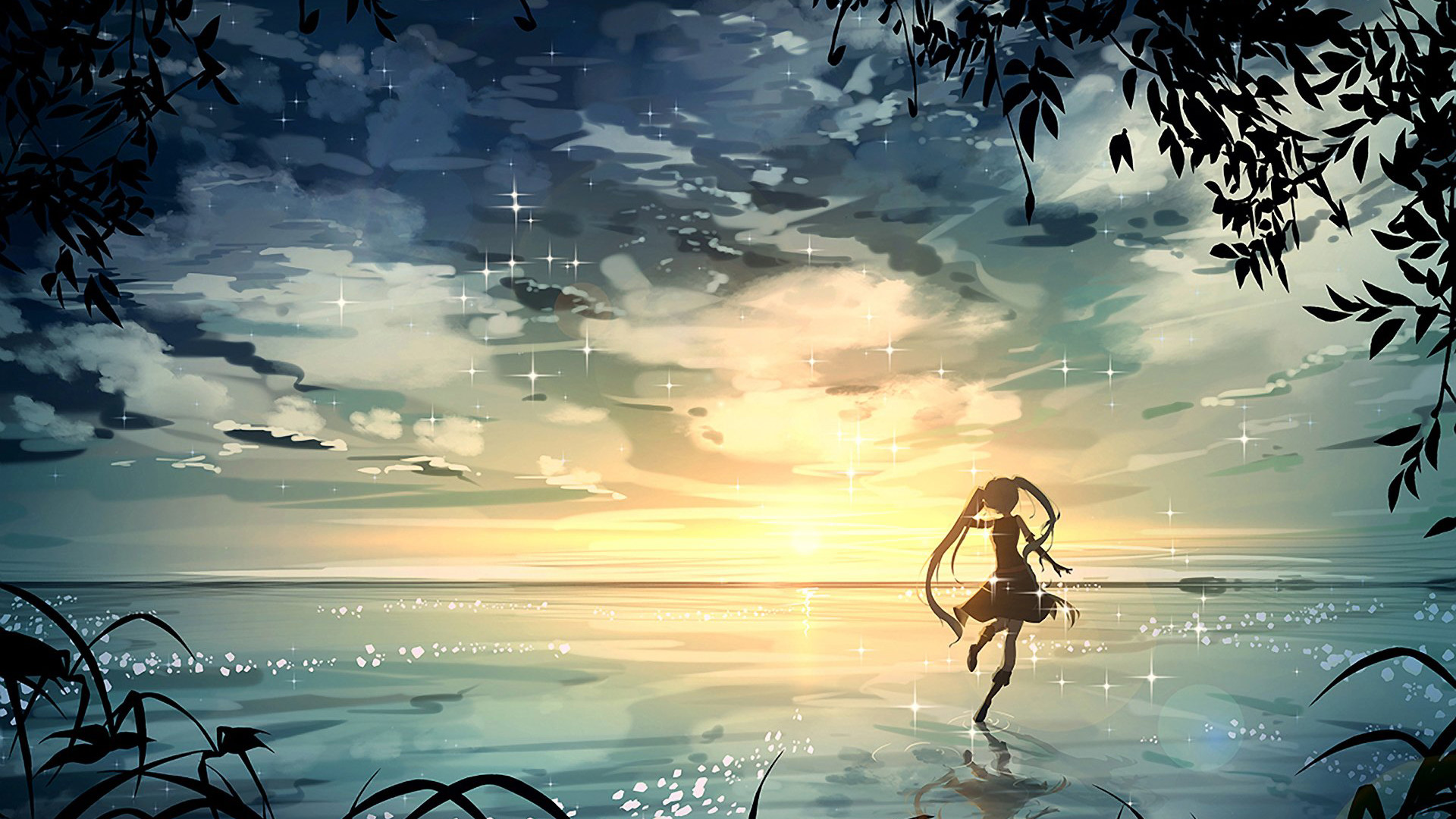 二次元,初音,日落,星星,闪亮