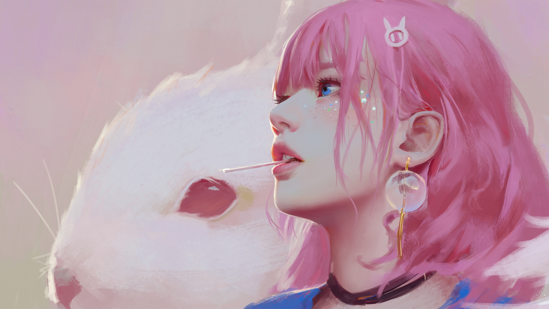 粉色头发美女,,蓝色眼睛,,二次元动漫