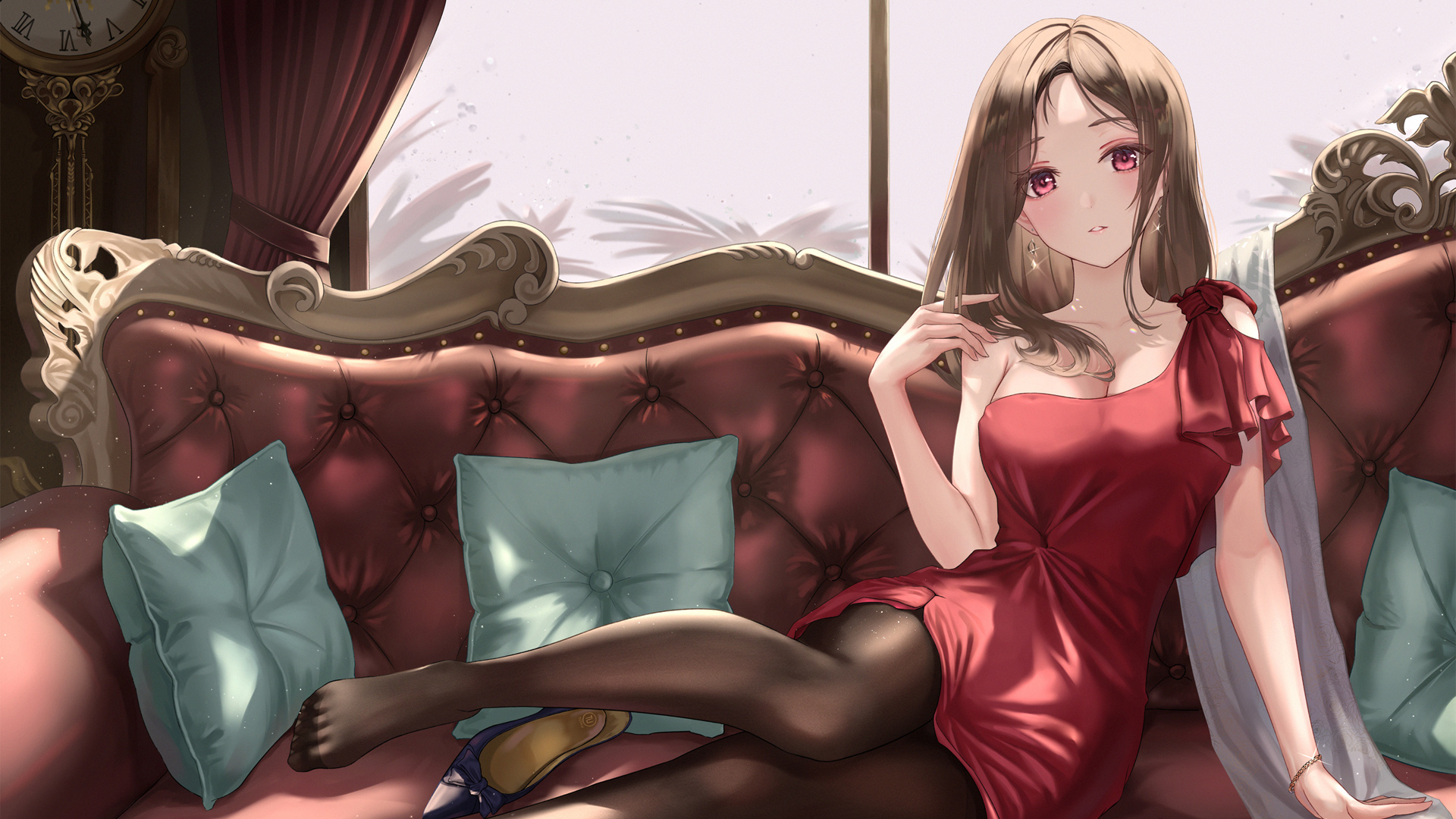 动漫,,沙发,,可爱女子,,红色裙子,,美腿,,丝袜