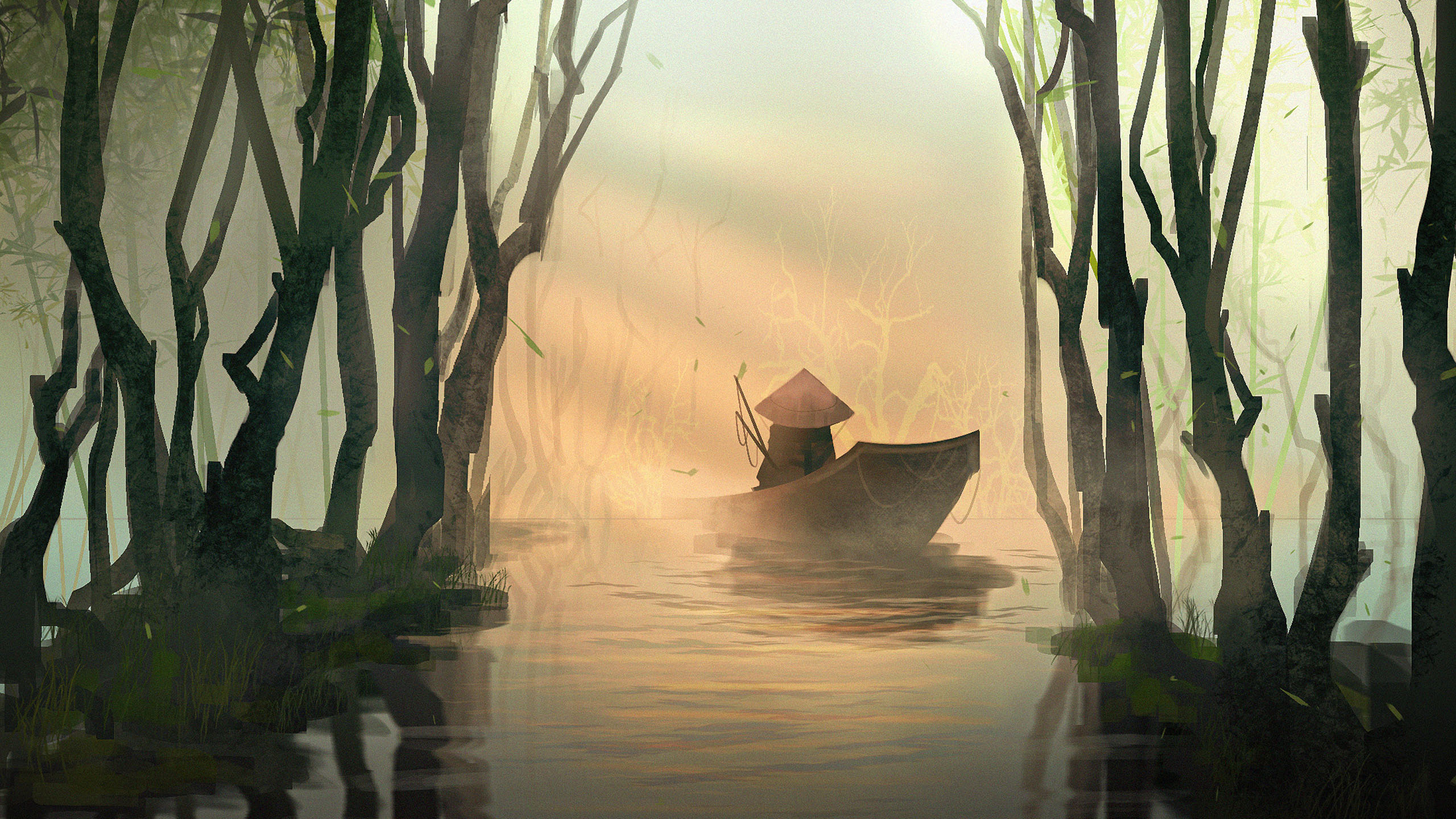 灌木林,小船,斗笠,阳光,雾