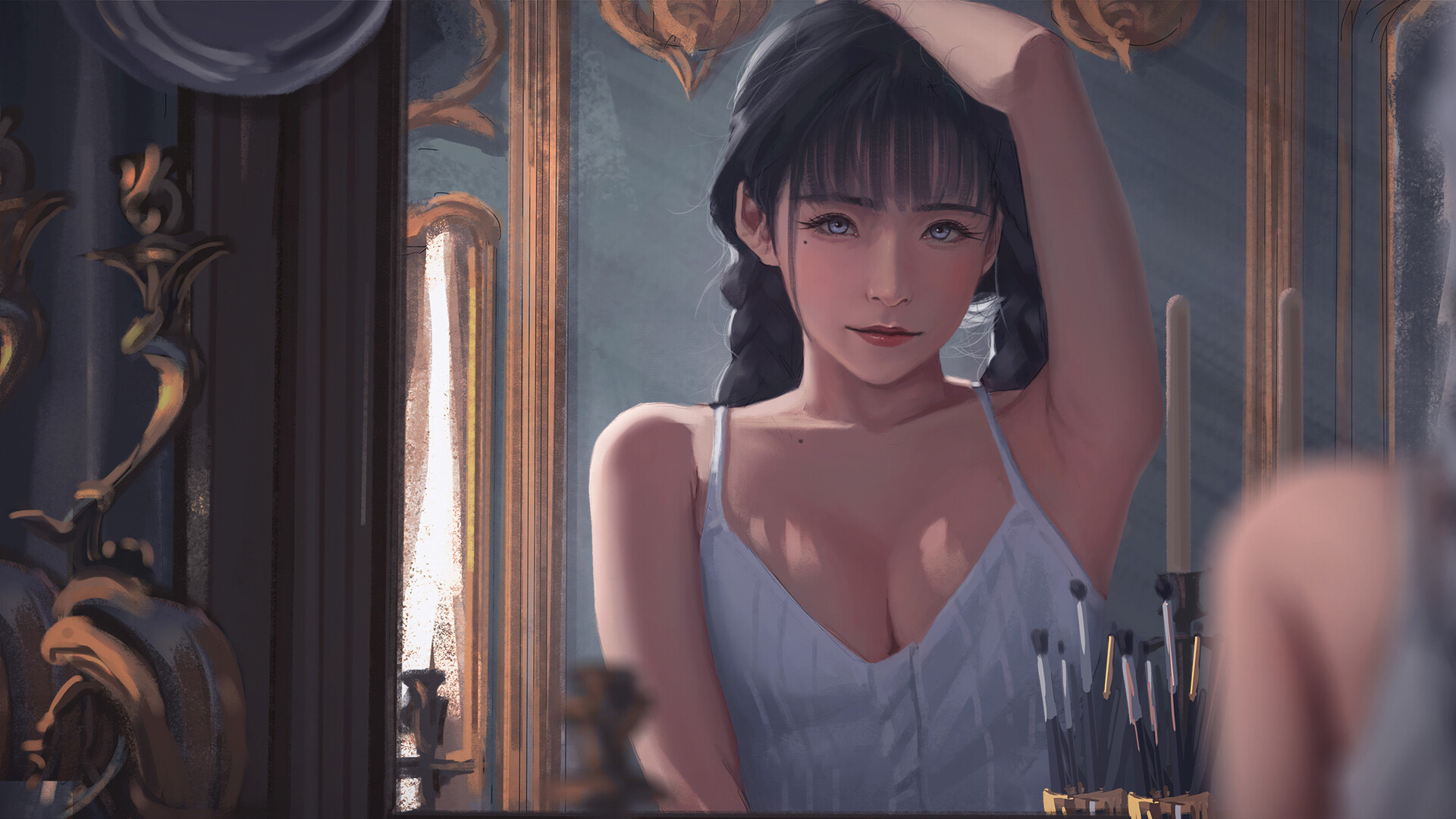 化妆镜,辫子,女孩,画笔