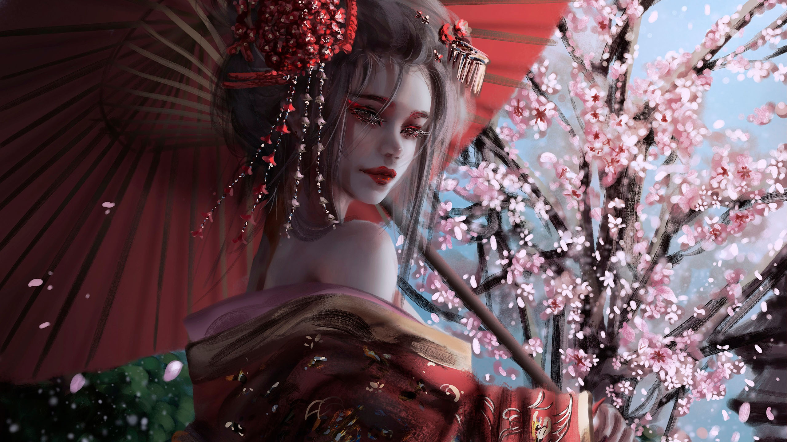 樱花,露肩,和服,伞