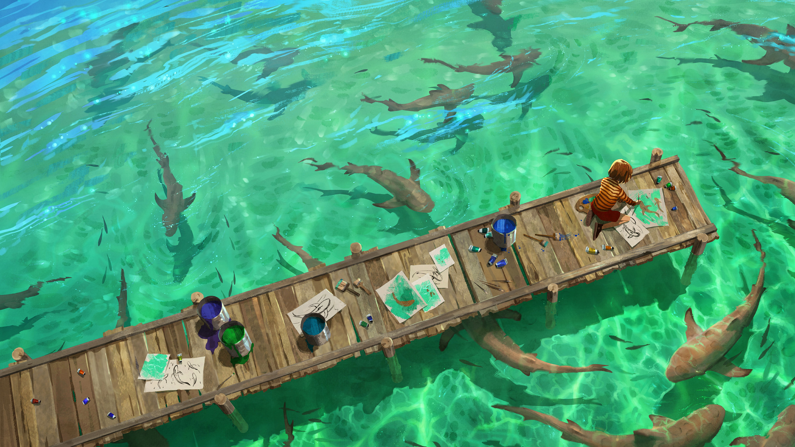 水彩画,颜料,鱼,清澈,鱼群