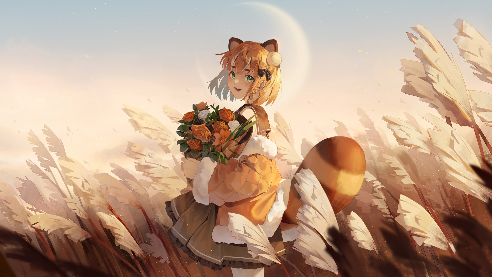 芦苇,鲜花,兽耳,狐狸,月亮