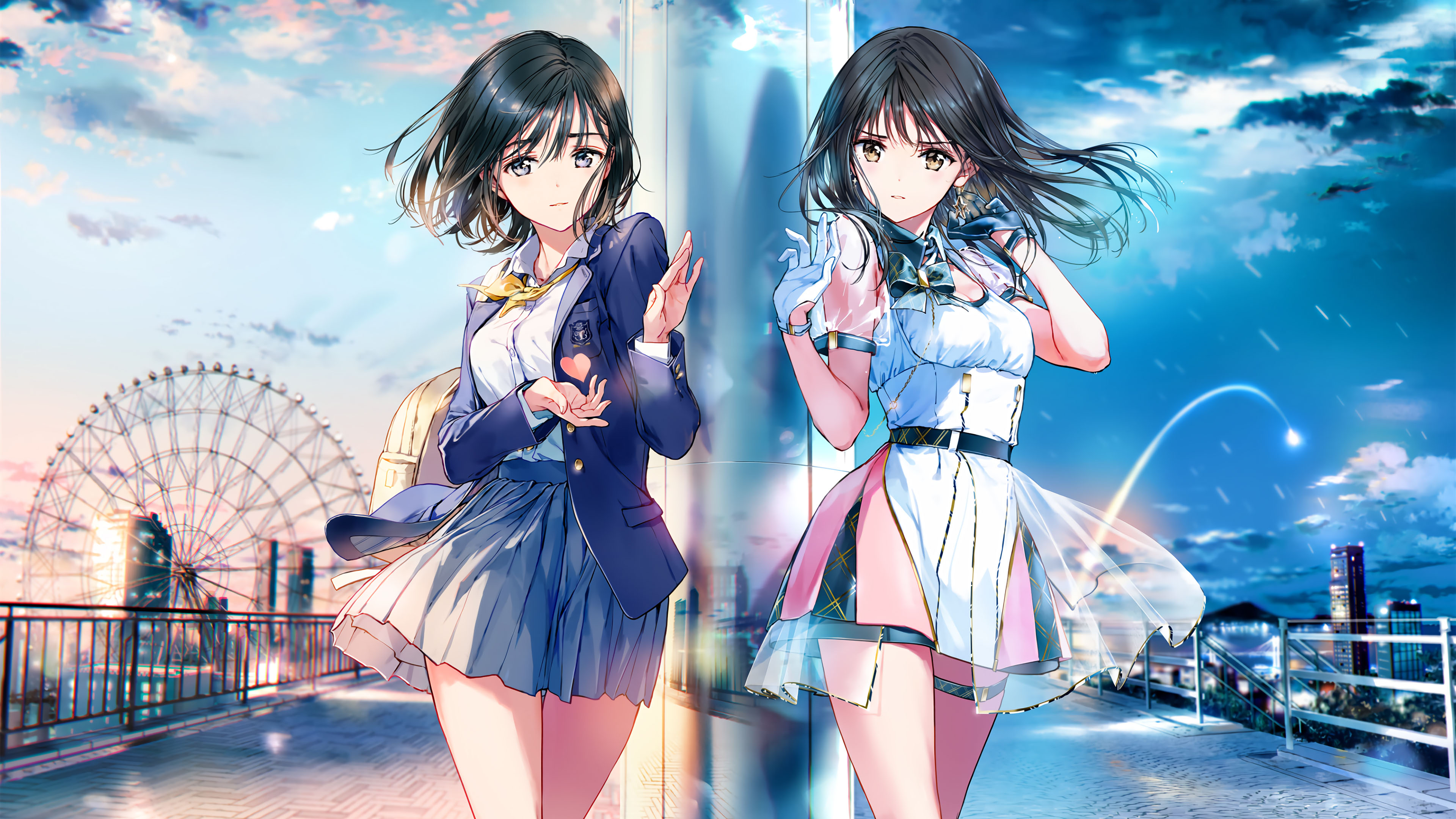 姐妹,女孩,黑发,制服,短裙,美腿