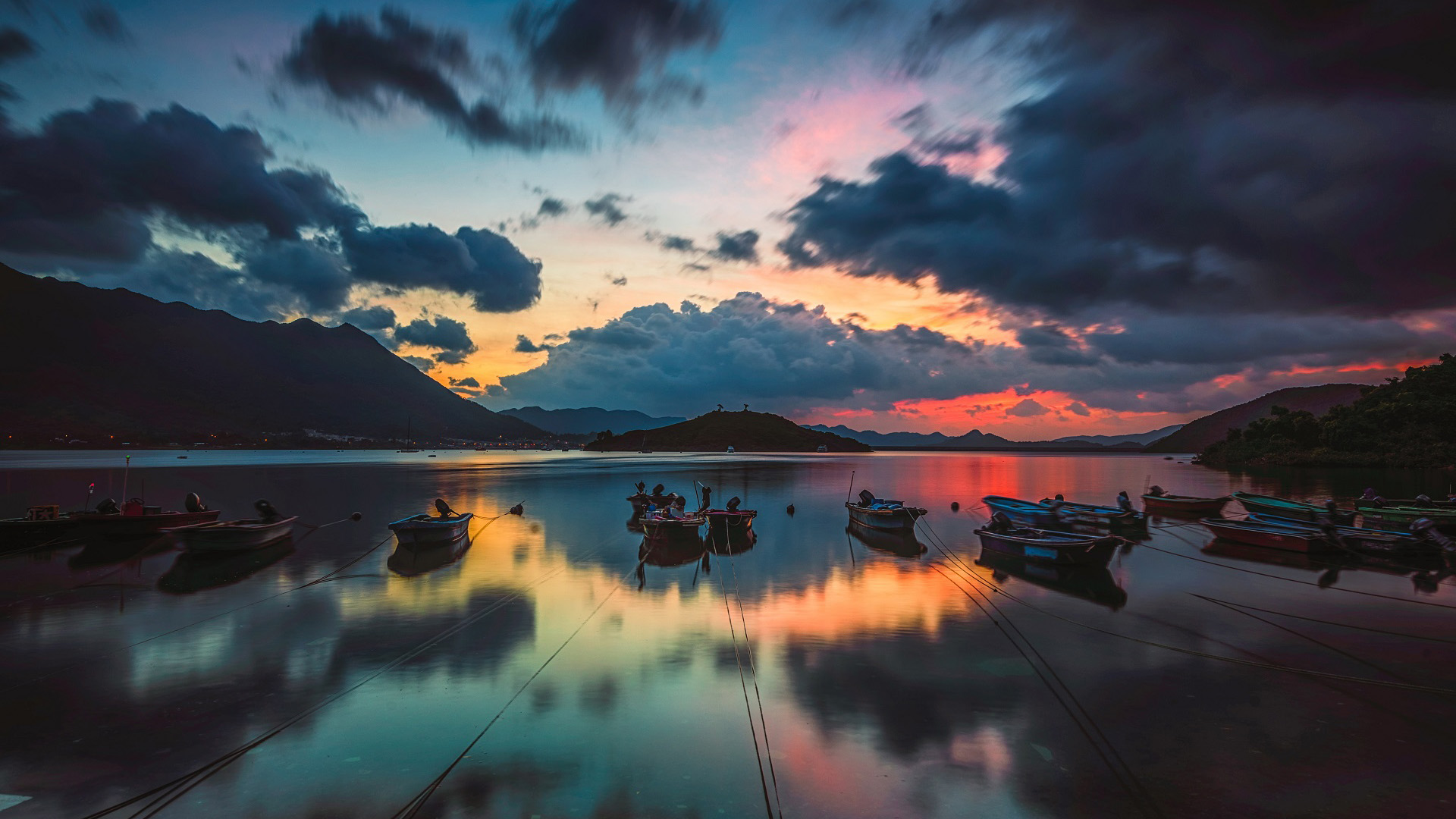 落日余晖,晚霞,渔船,红霞,倒影