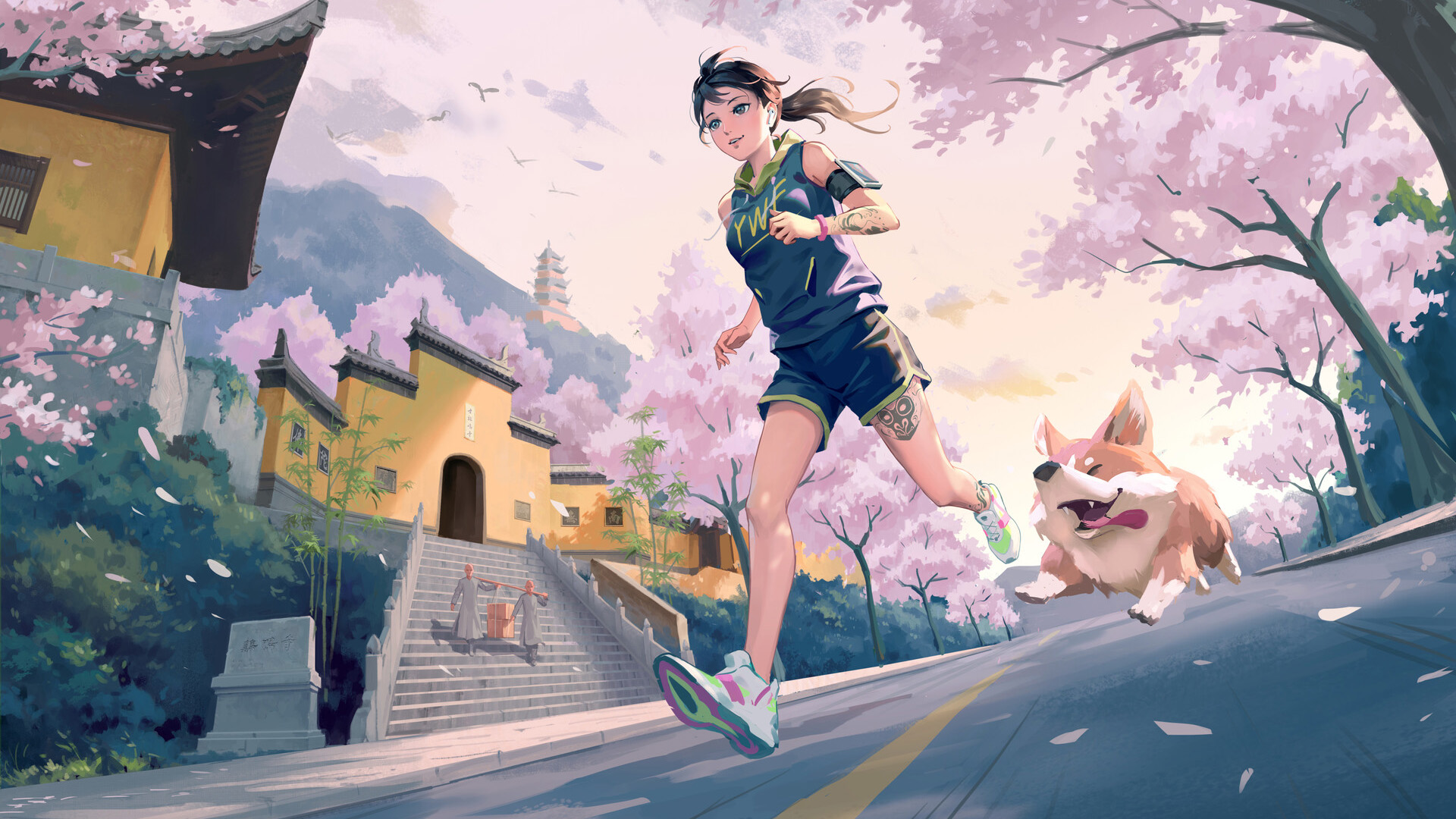 樱花,跑步,柯基,寺庙,和尚