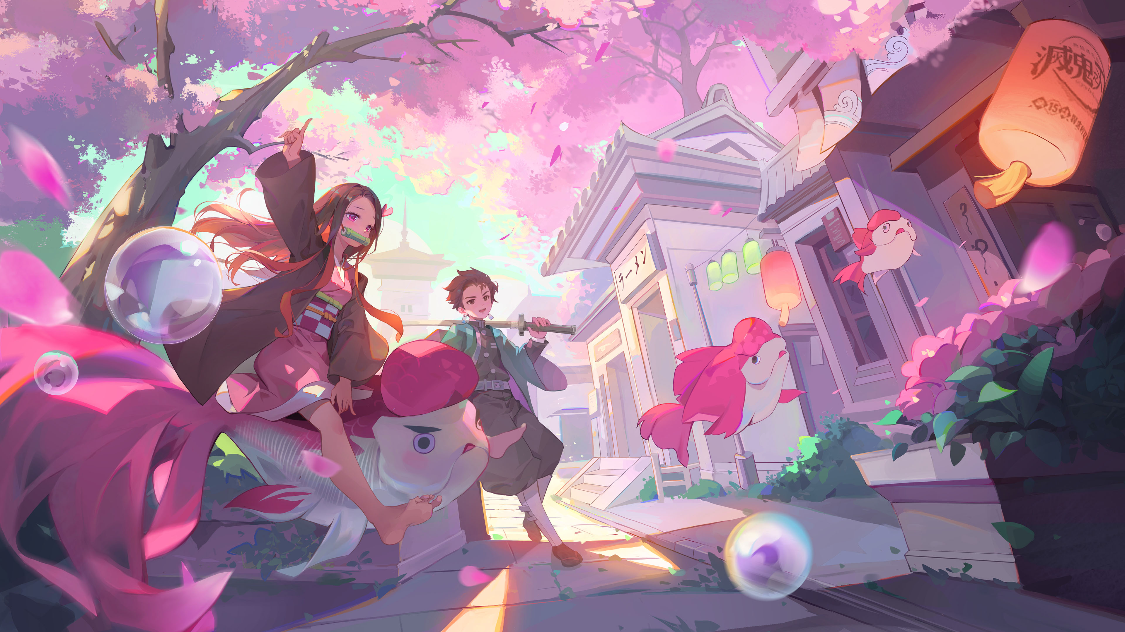 鬼灭之刃,炭治郎,祢豆子,樱花,鲤鱼