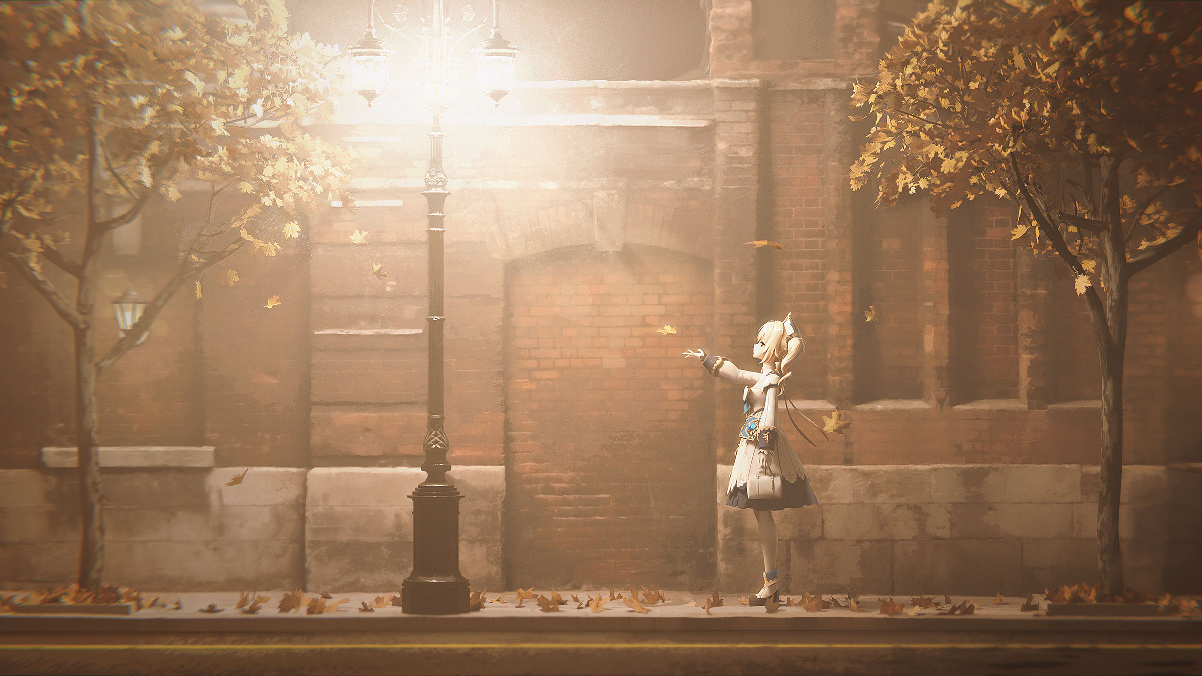 路灯,深秋,夜晚,落叶,街道