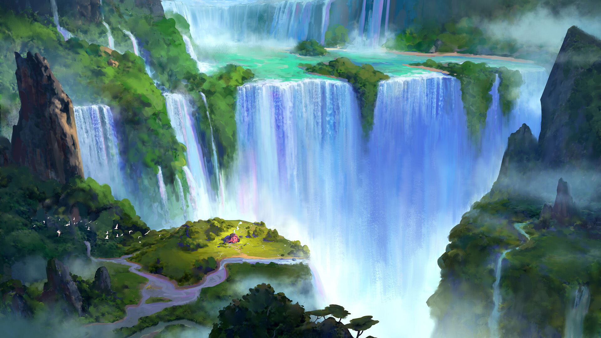 瀑布,峡谷,高山,山峰