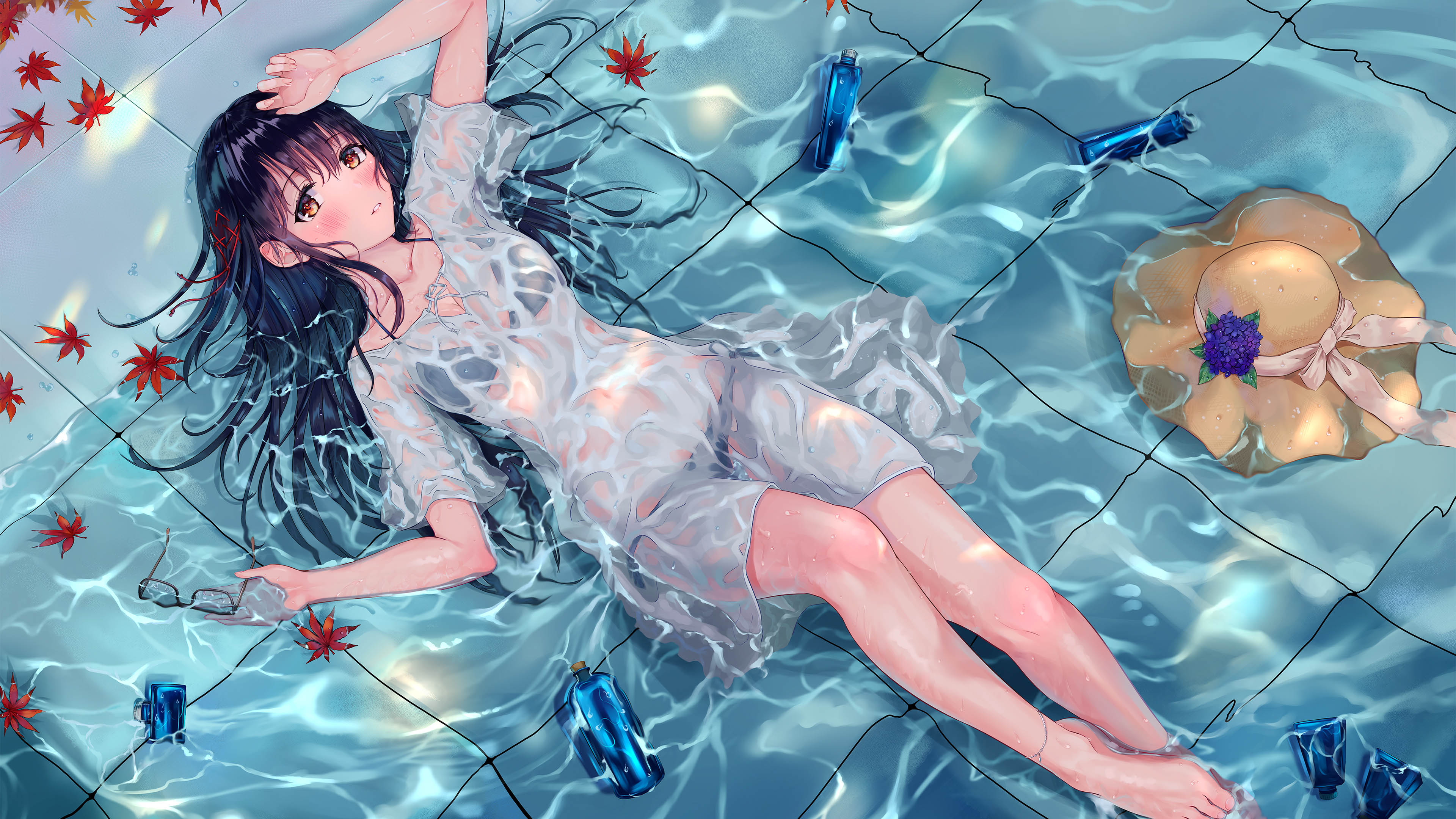 夏天,美少女,女孩,平躺,裙子湿透,赤脚