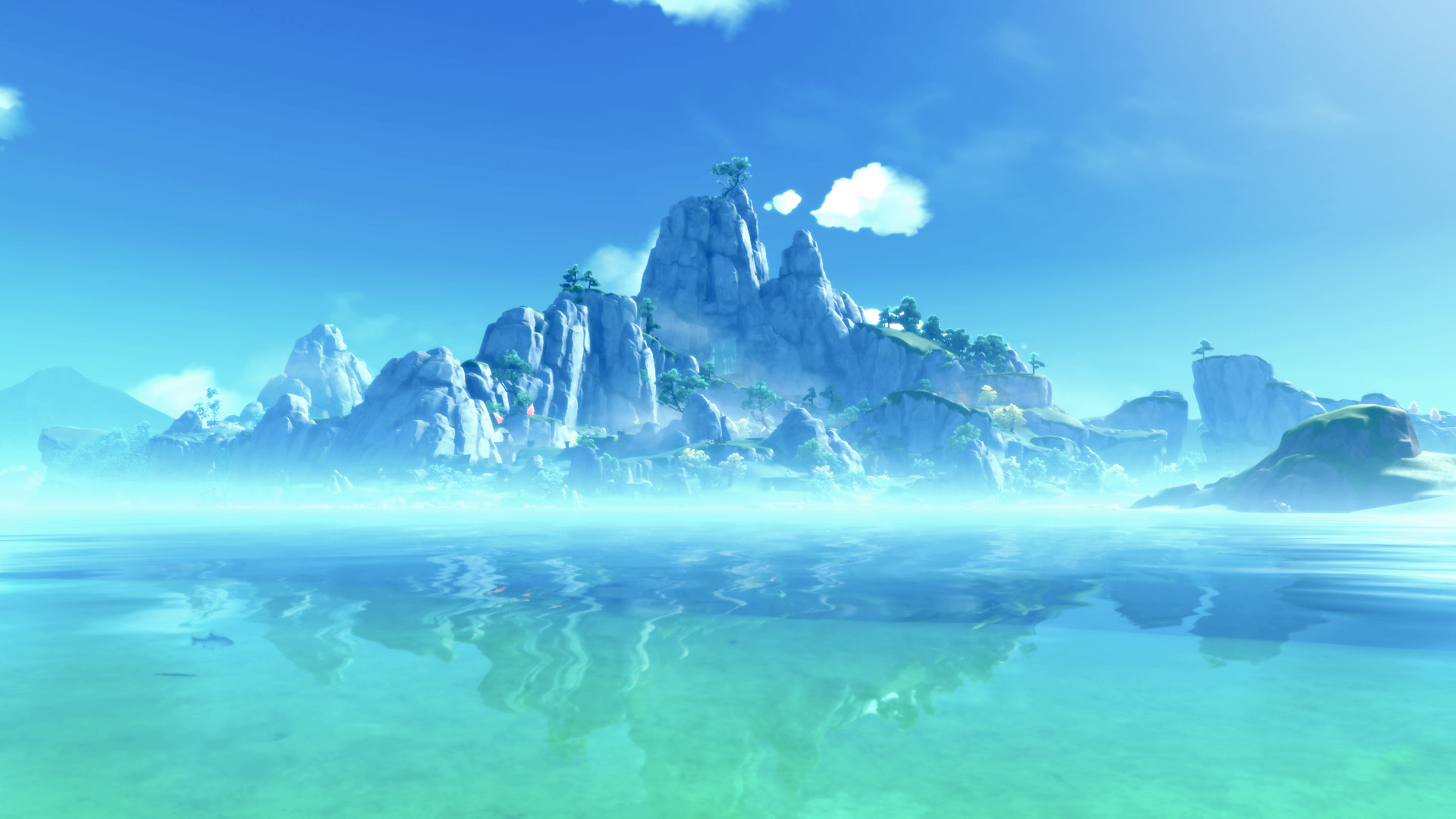 原神,冰山,湖面,雾,清澈,神秘