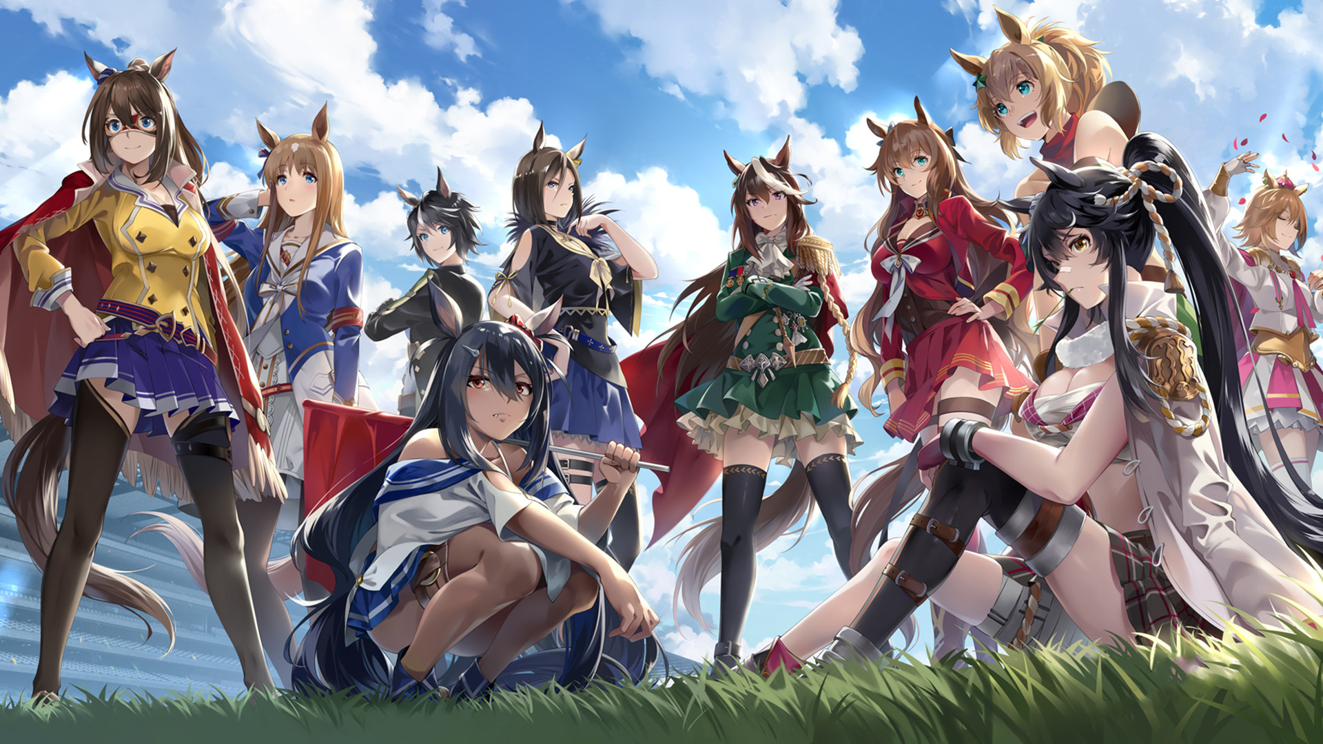 兽耳,白云,草地,战斗团队