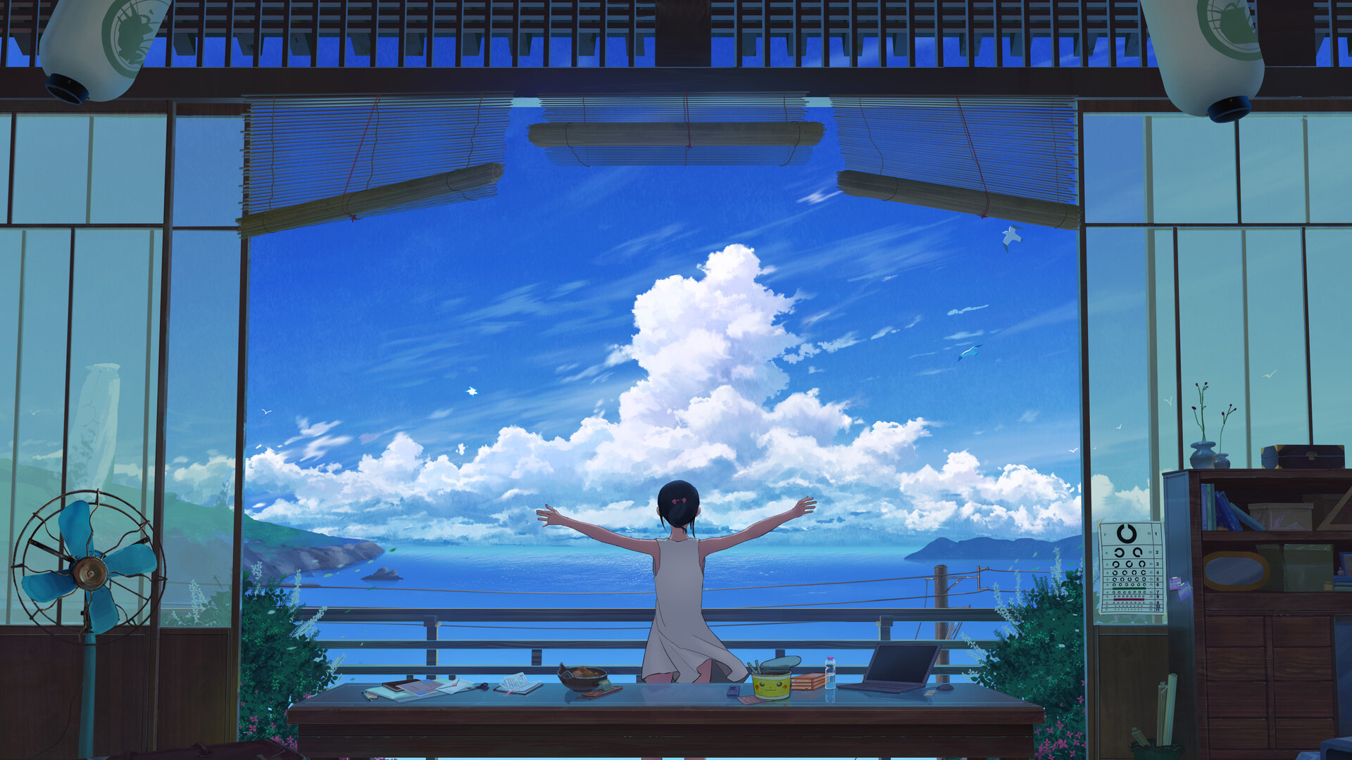 夏天,蓝天,海洋,海风,电扇