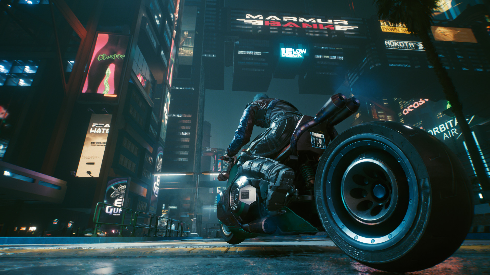 赛博朋克,2077,摩托,夜景,未来城市