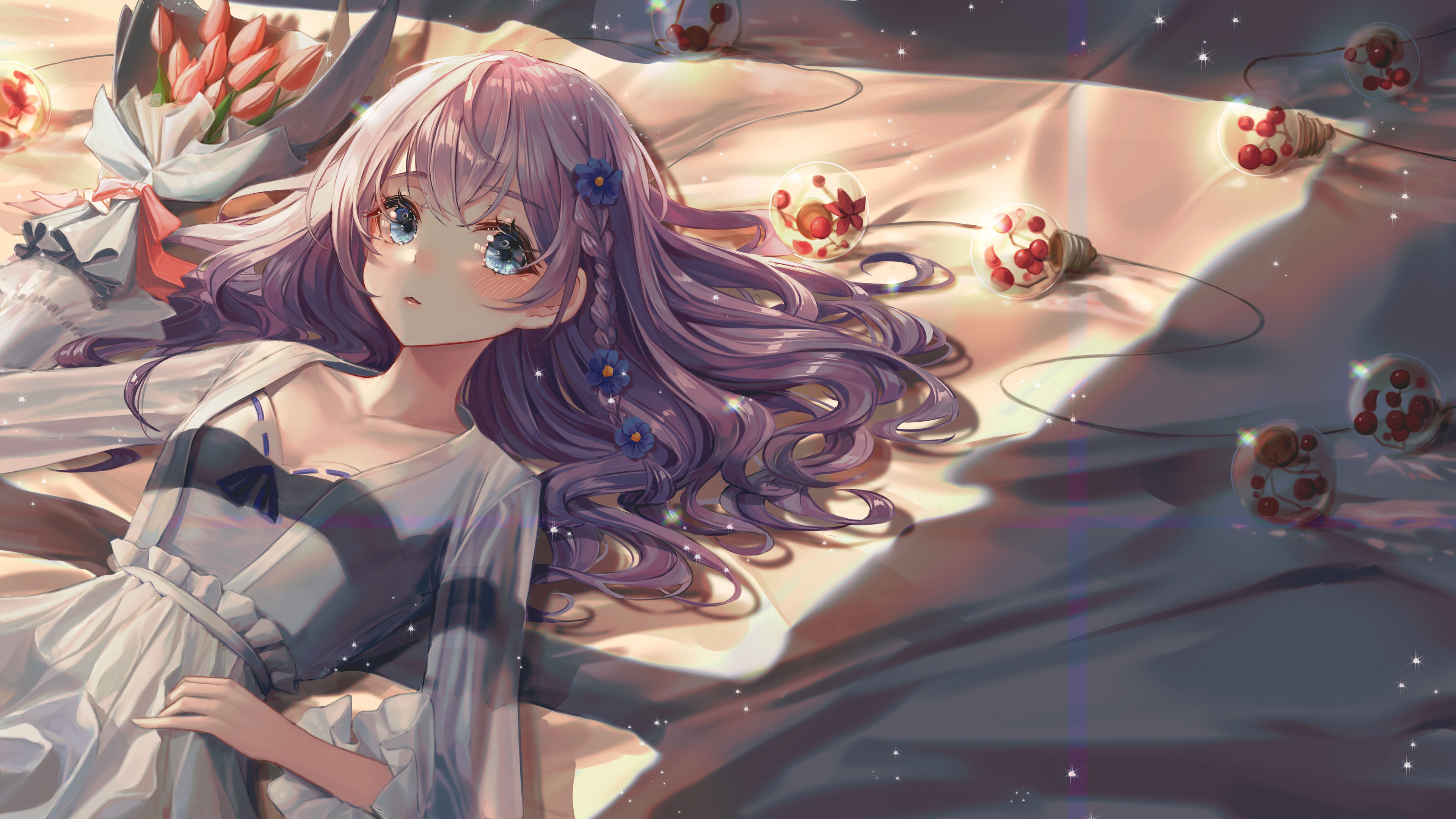 灯泡,大眼女孩,紫发,郁金香