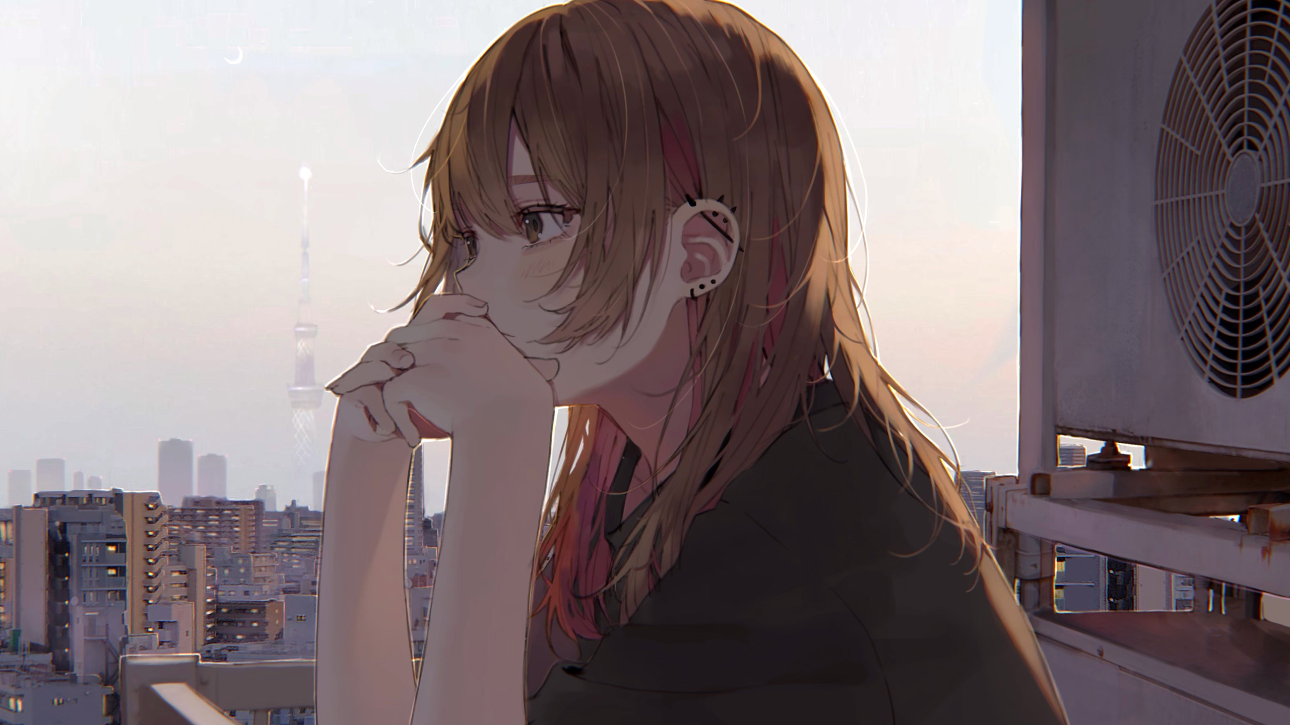 天台,金发女孩,空调,城市