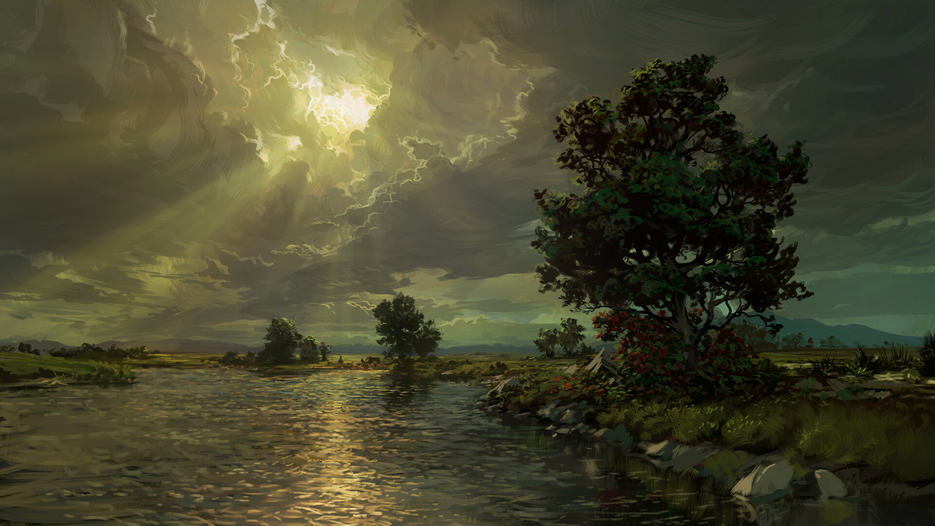 阴天,河畔,波光凌凌,阳光