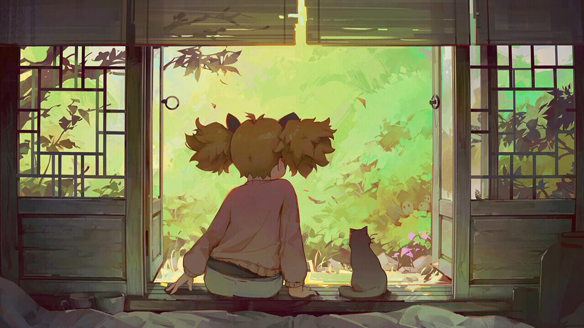 女孩和猫,温馨,深秋,窗户