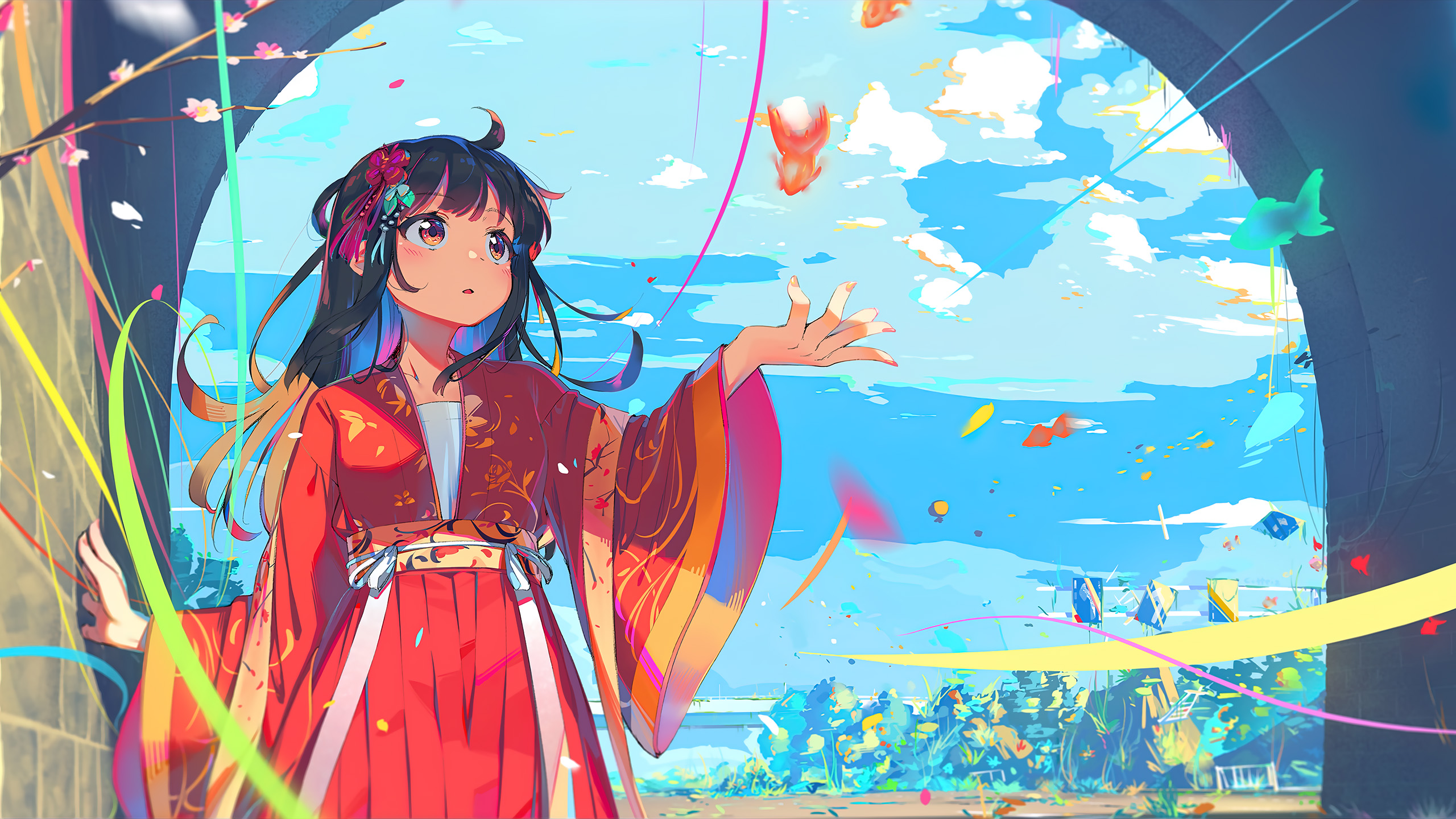 红衣少女,精灵,金鱼,城门