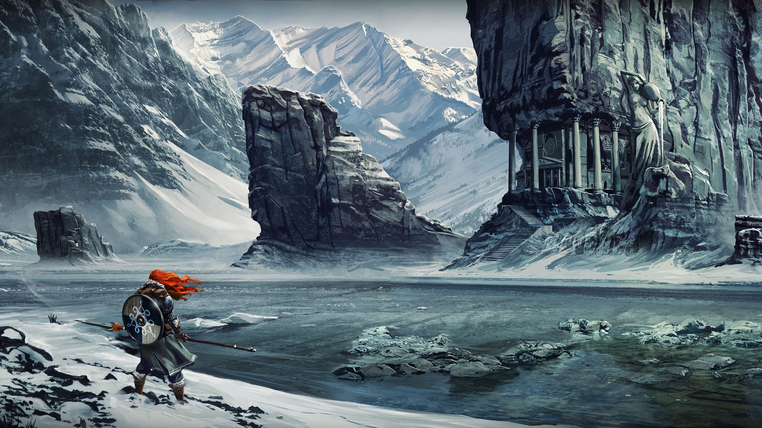 冰川,孤独的武士,盾牌,长枪