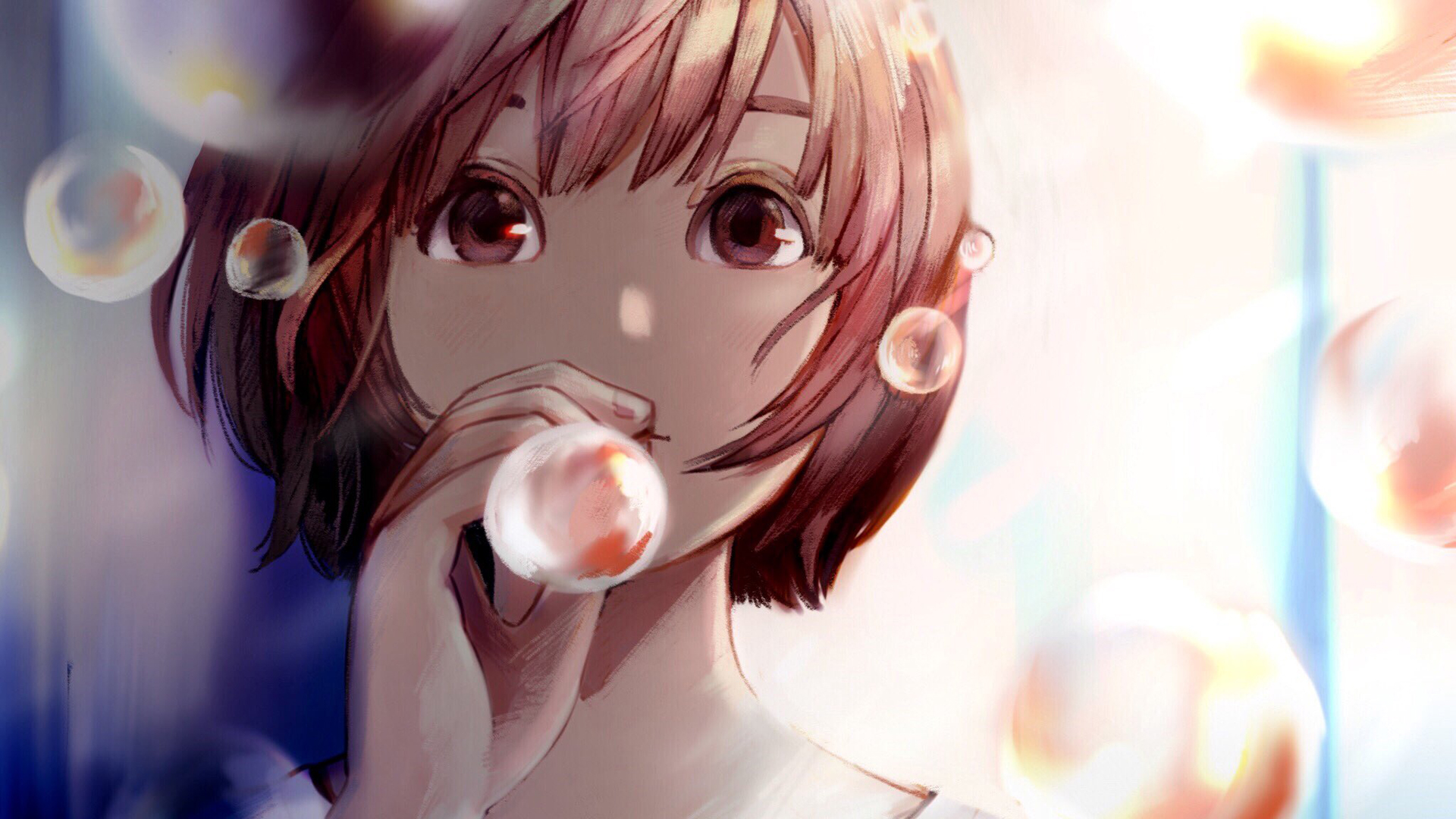 短发,吹泡泡,大眼睛,浪漫