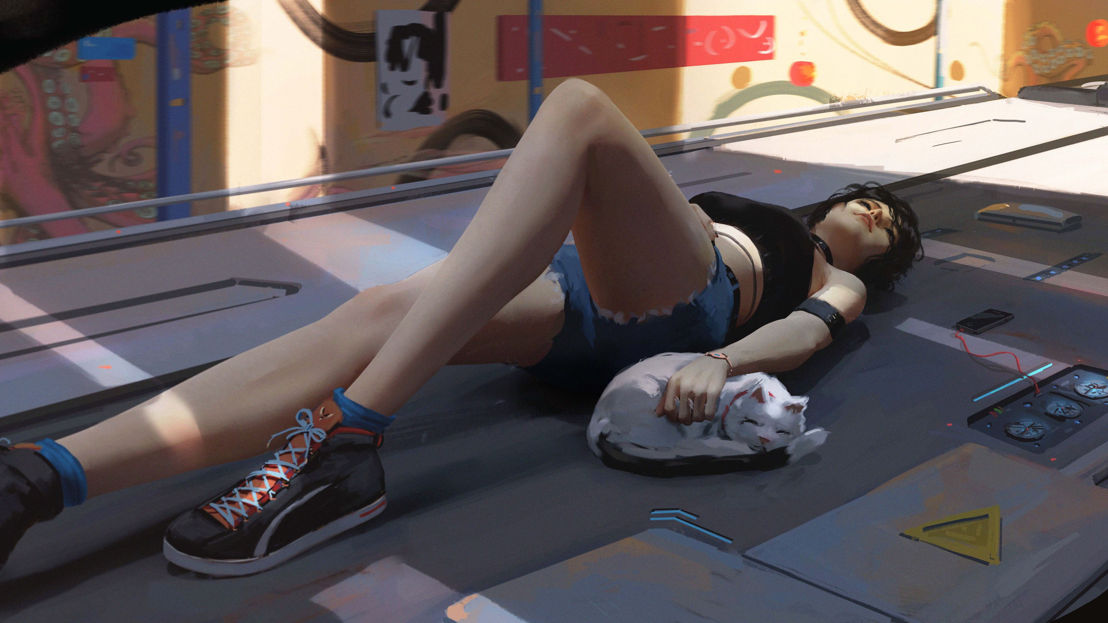 白猫,帆布鞋,短裤,大长腿