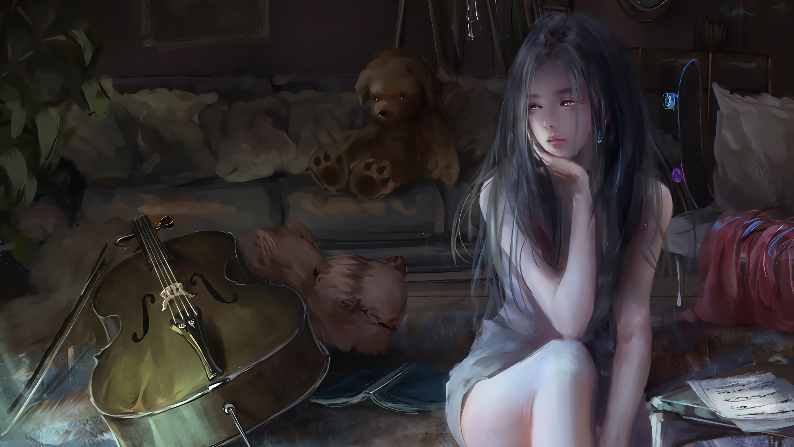 大提琴,油画,女孩,长发,五线谱