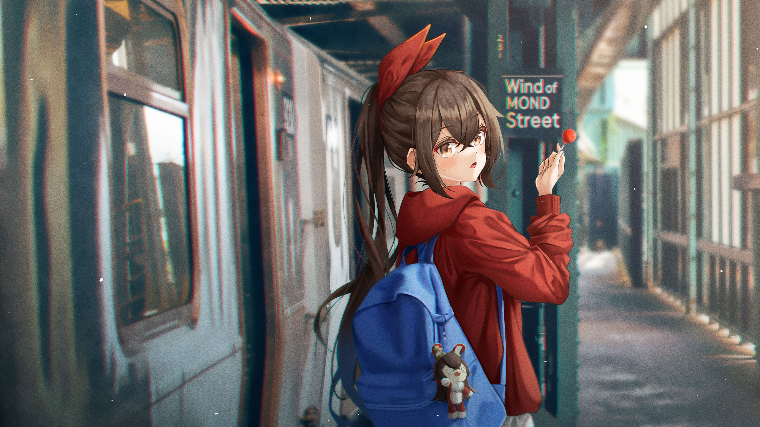 地铁,棒棒糖,书包,红头巾