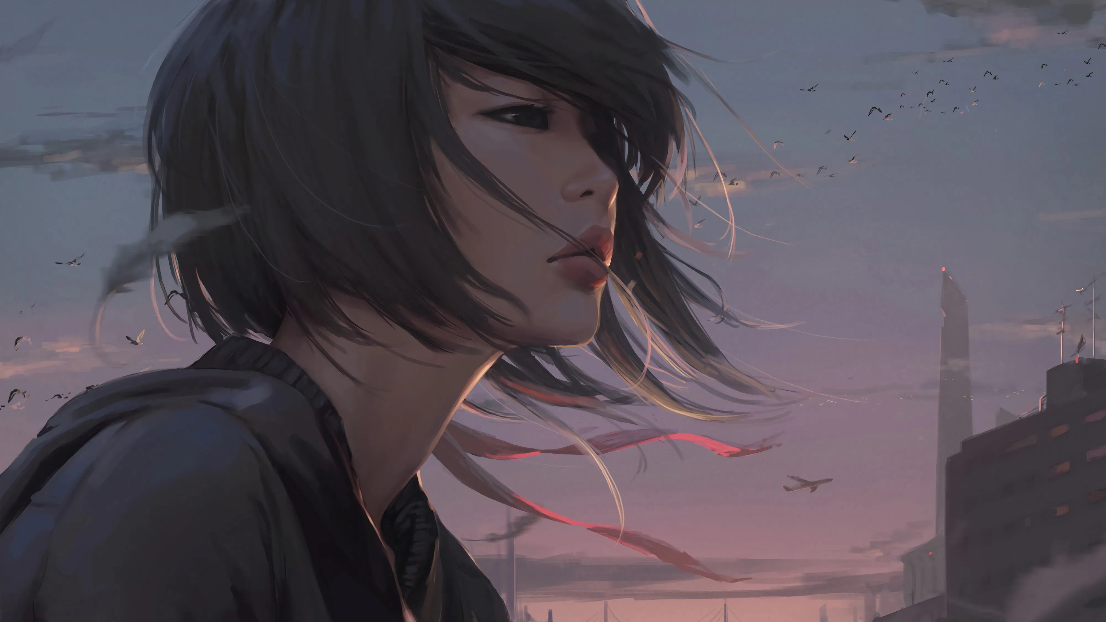 晚霞,晚风,短发,城市