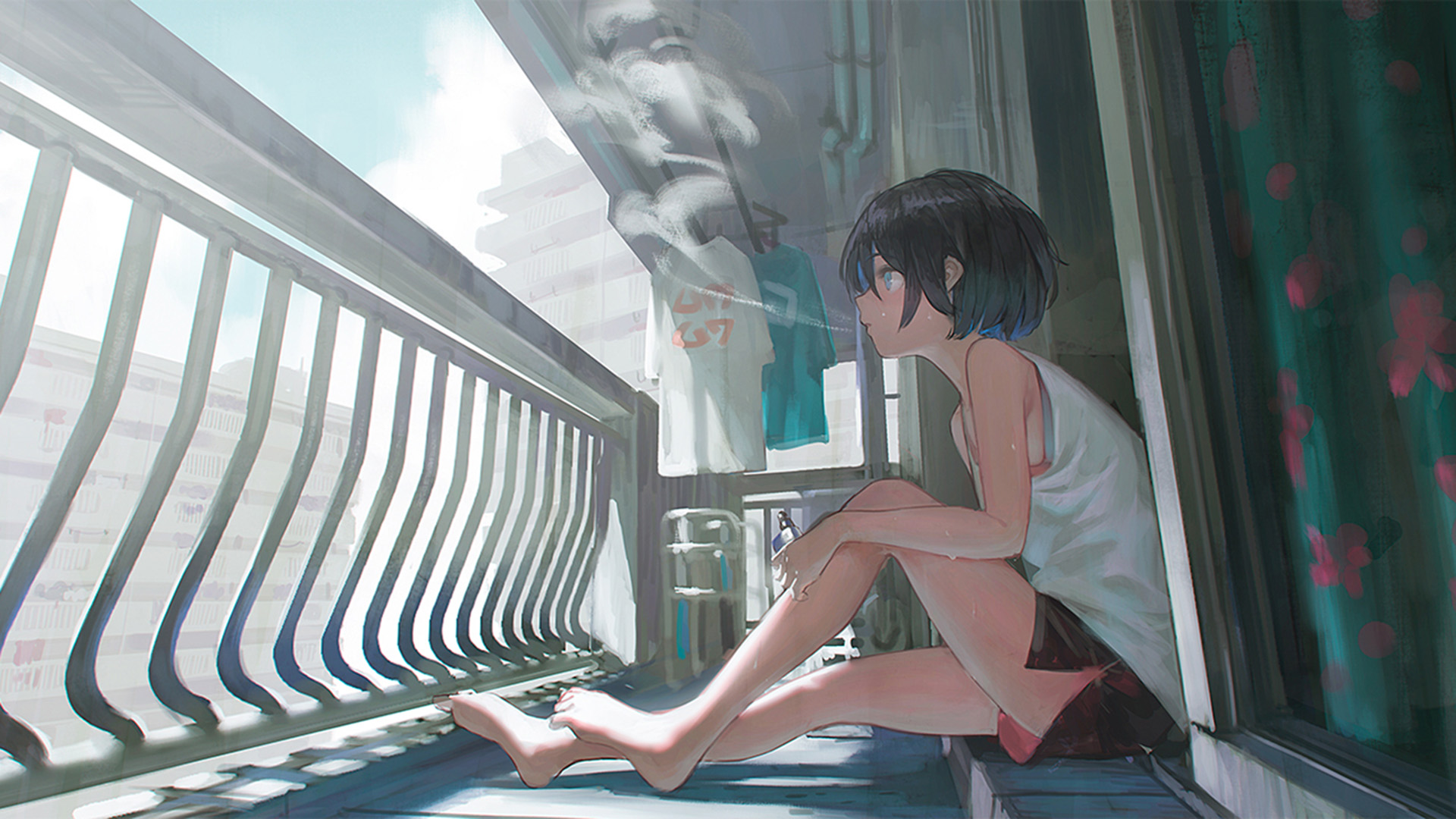 阳台,女孩,烟,夏天,无聊的下午