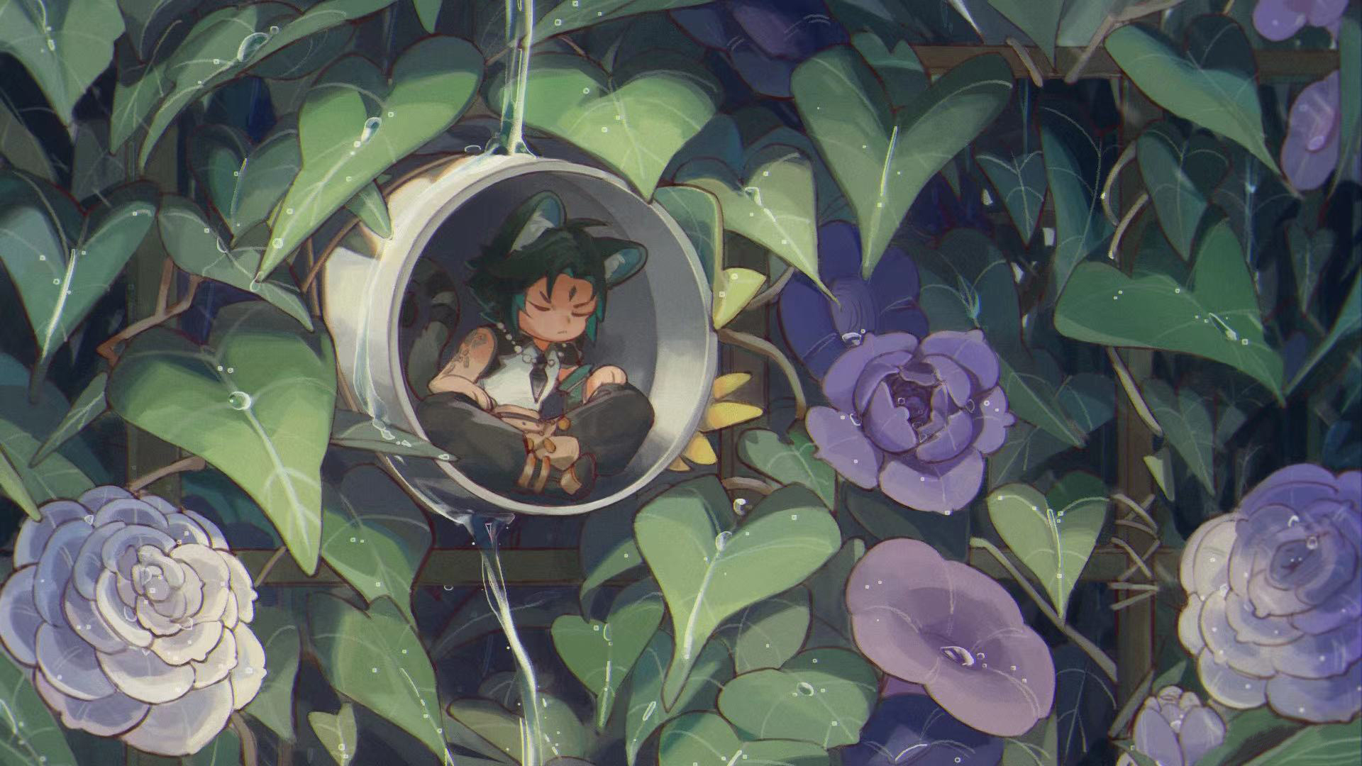 手机游戏,原神,花丛,下雨天