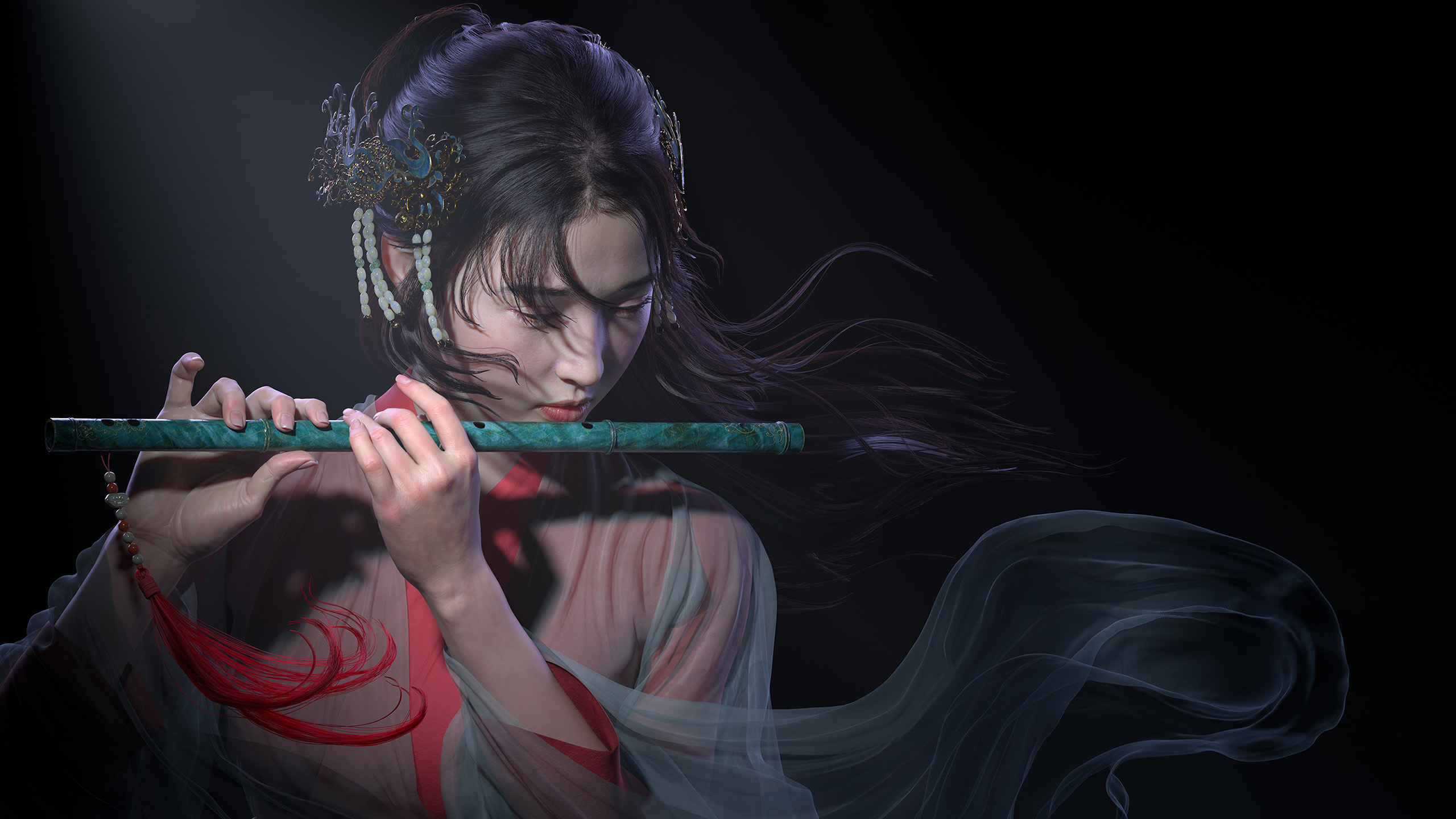 文艺古风,吹笛子,微风