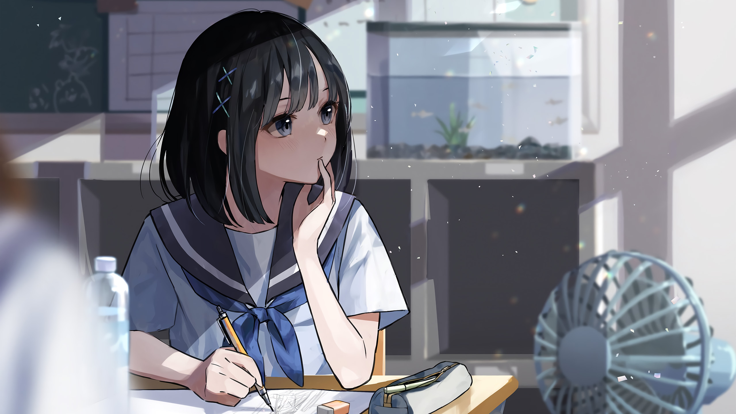 学妹,课堂,阳光,夏天,电风扇,教室