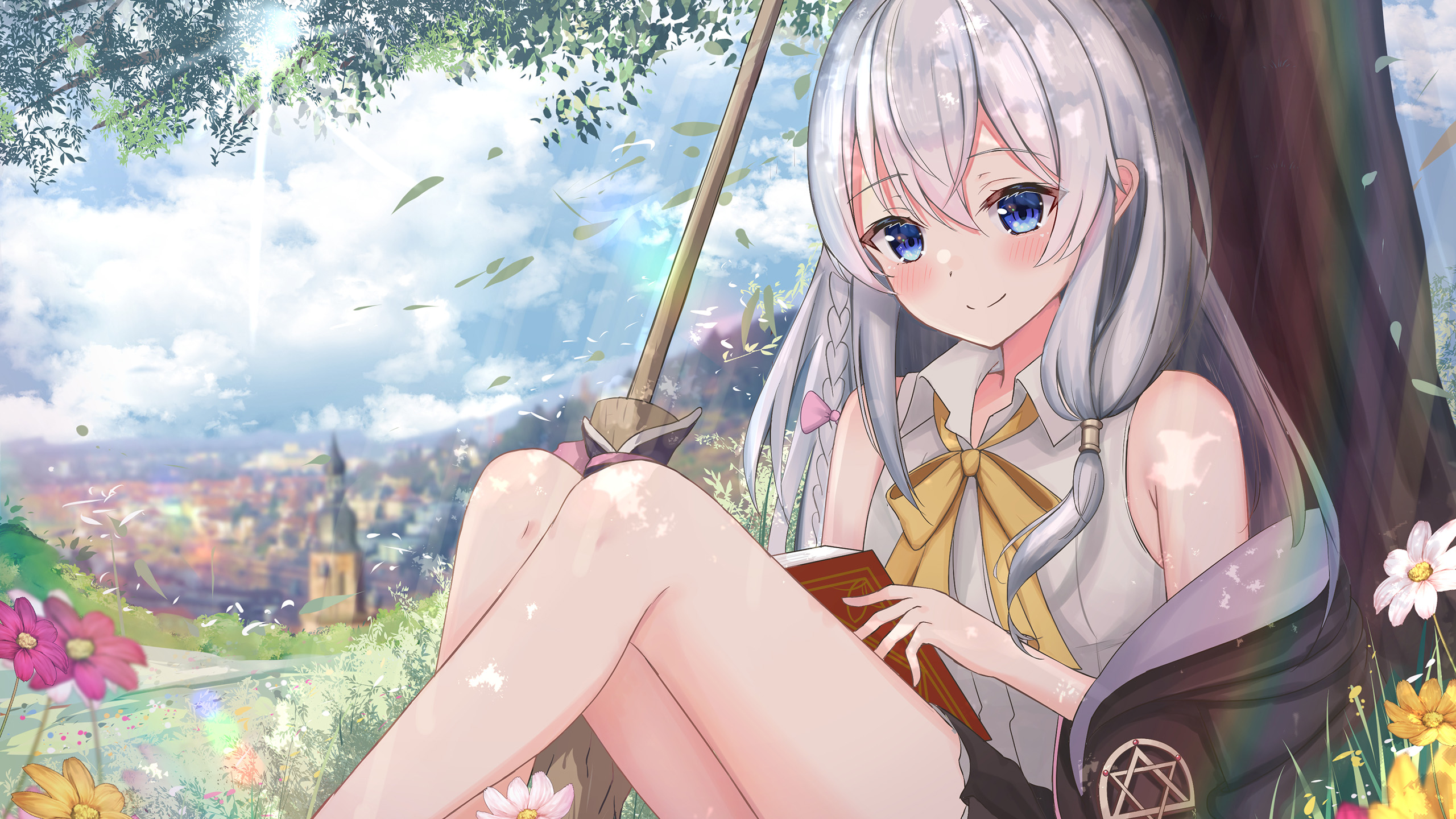 树下学习,大眼睛,花丛,魔法学院