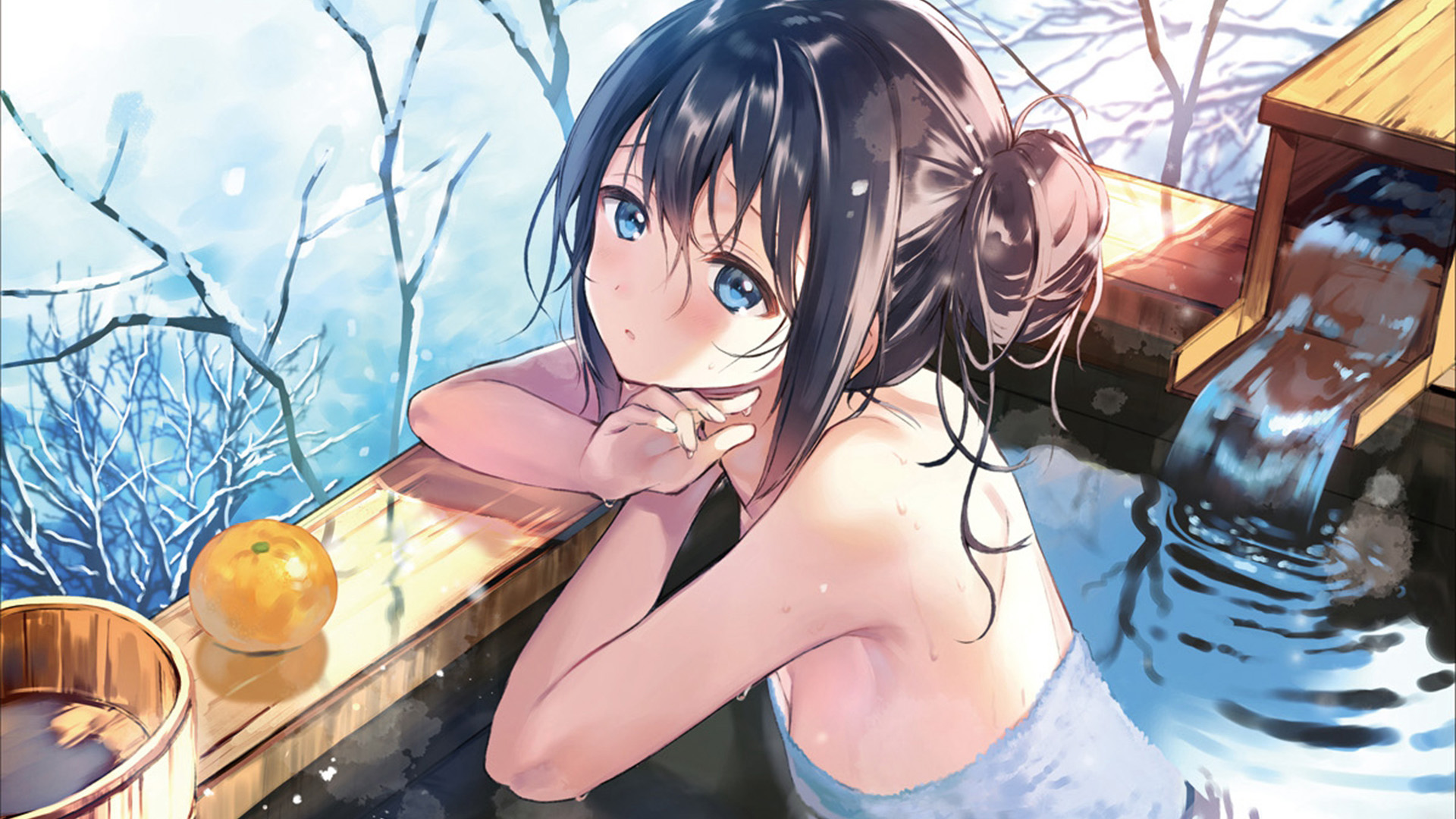 冬季,温泉,大眼女孩,橘子