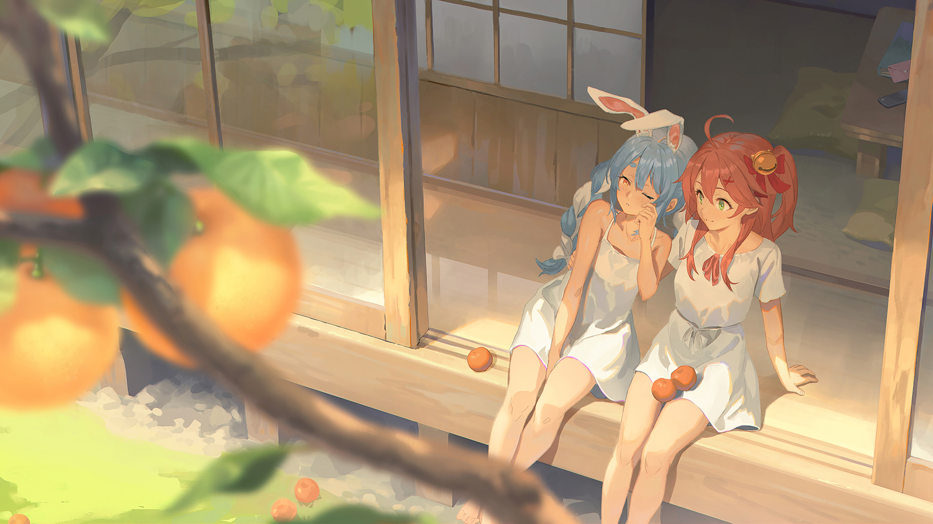 庭院里的夏天,果树,姐妹