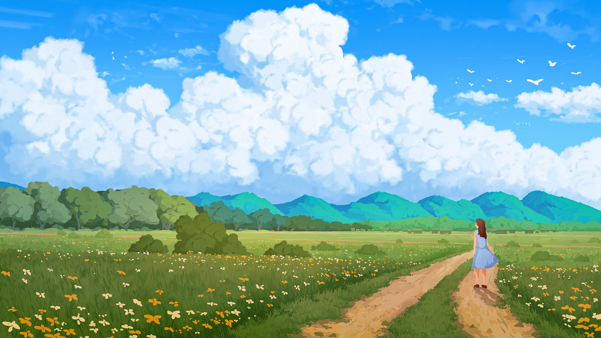 乡村,蓝天白云,花丛,草地