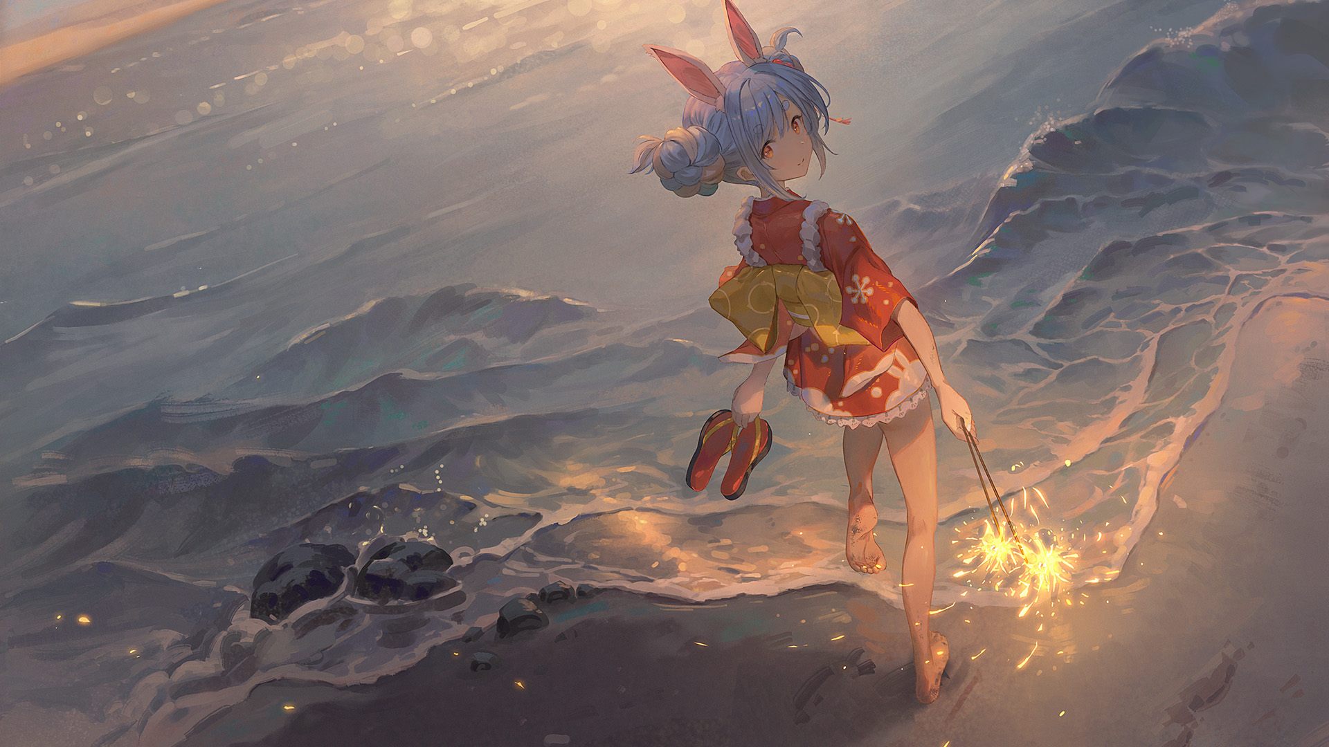 海滩,兔子耳朵,烟火,海浪