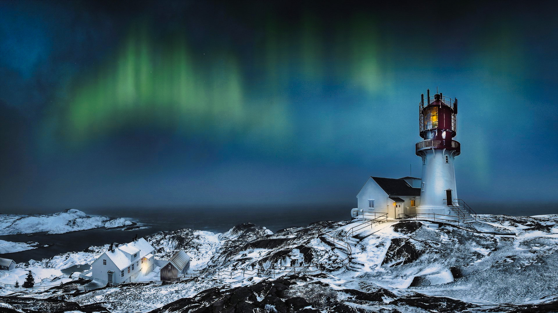 奇幻梦境,灯塔,极光,夜晚,北极