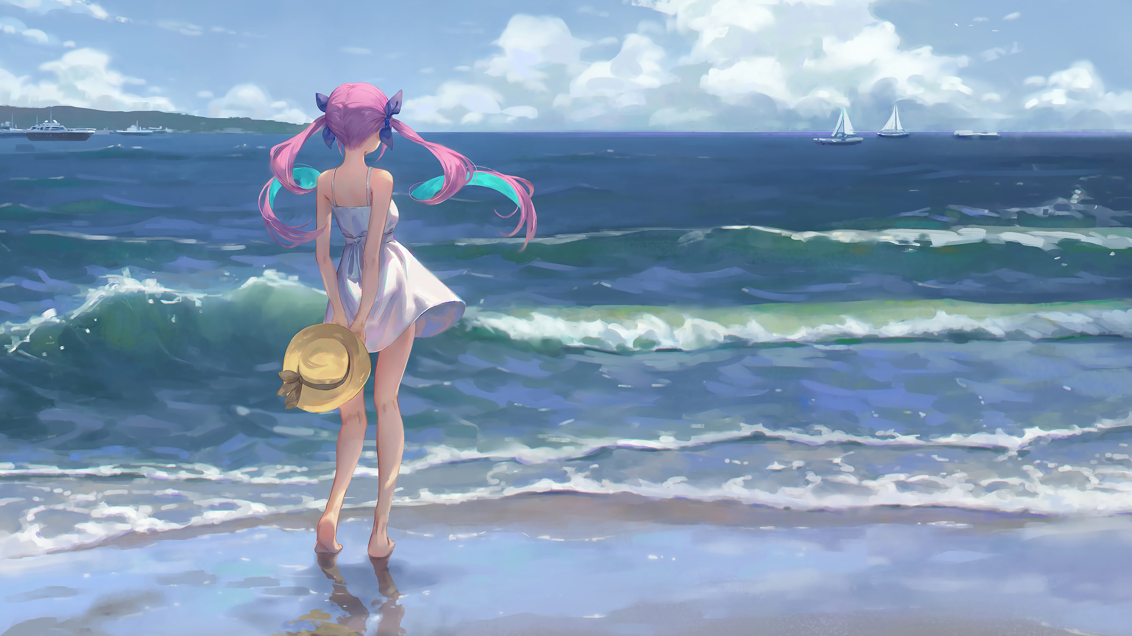 湊阿库娅,后背,白色连衣裙,海边