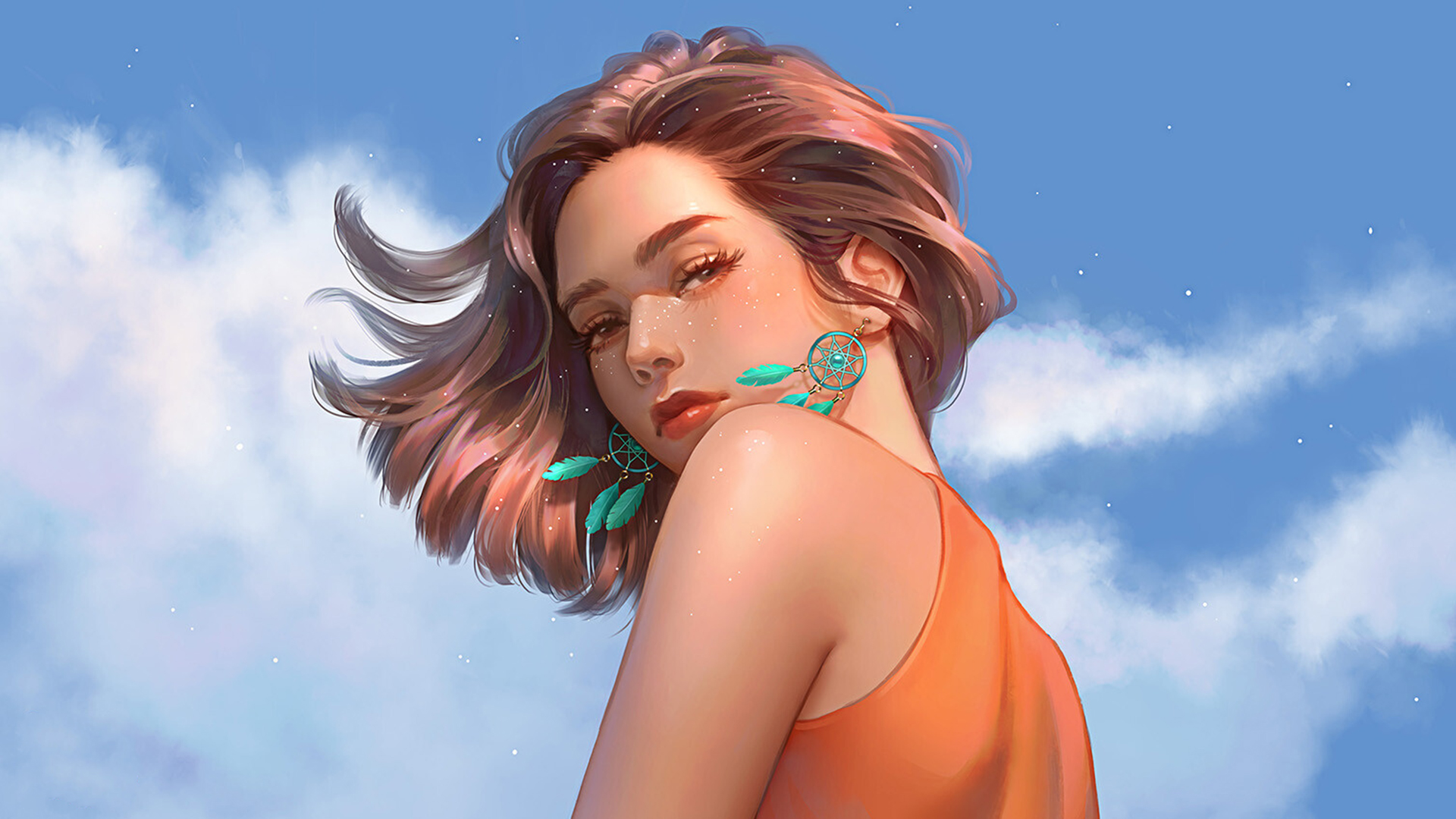 夏天女孩,耳环,短发,蓝天白云