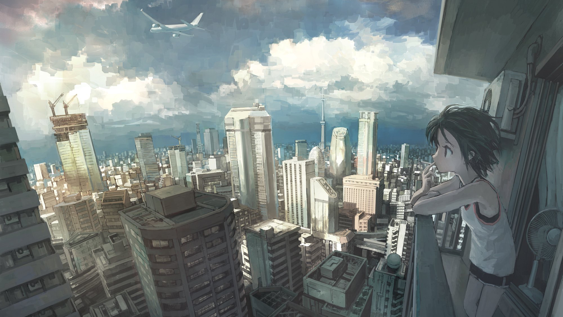 都市,阳台,抽烟,飞机,彷徨