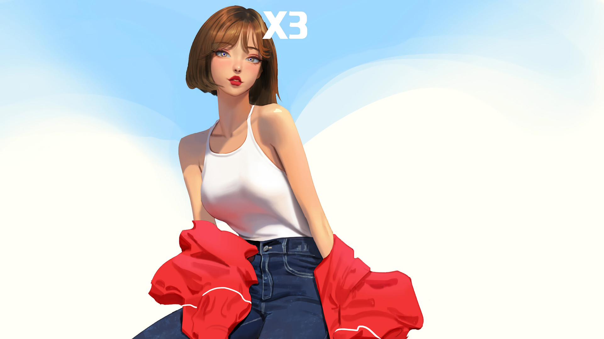 短发个性美女,牛仔裤,动漫