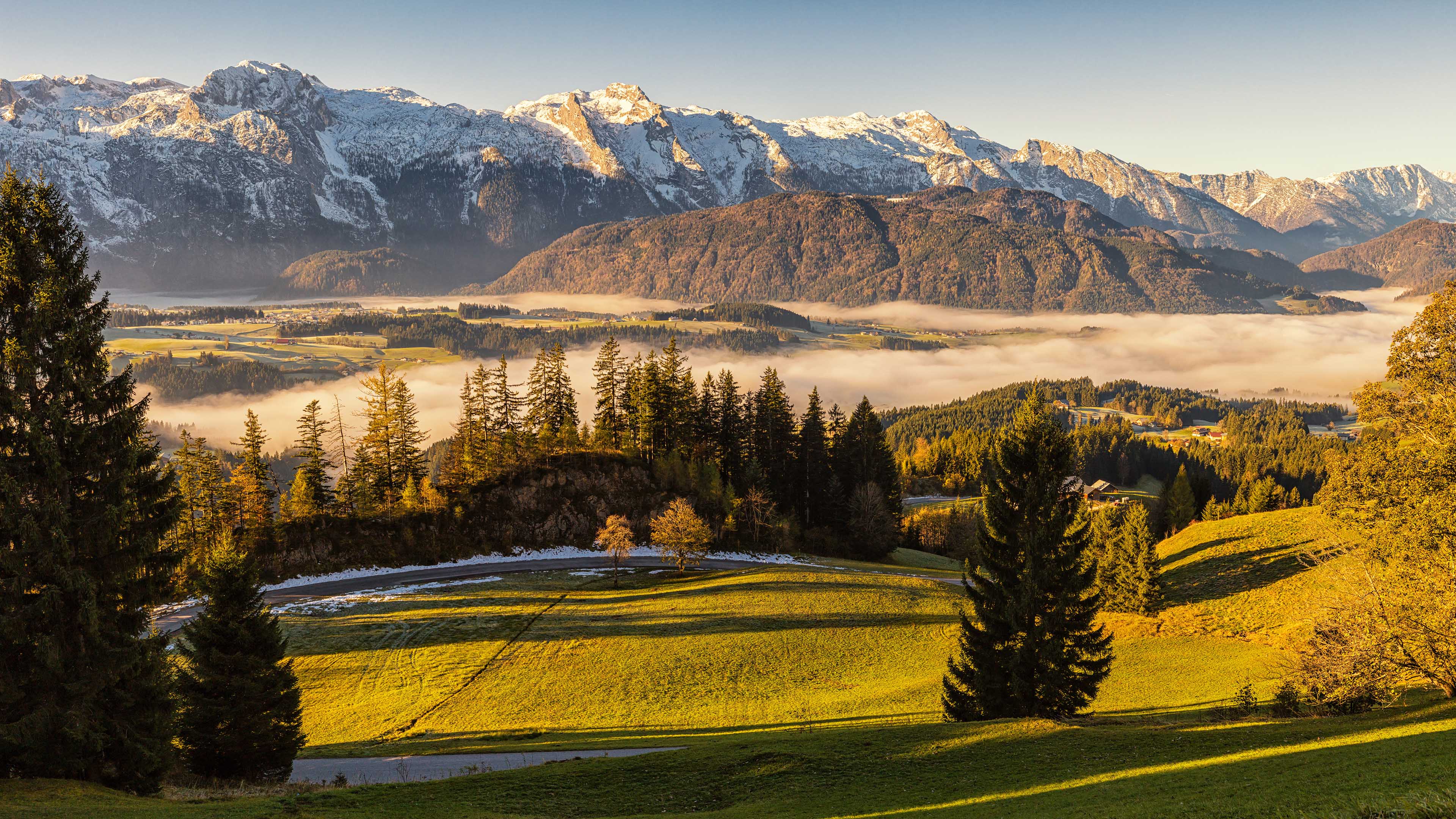 秋意正浓,山脉,雪山,树林,,云雾
